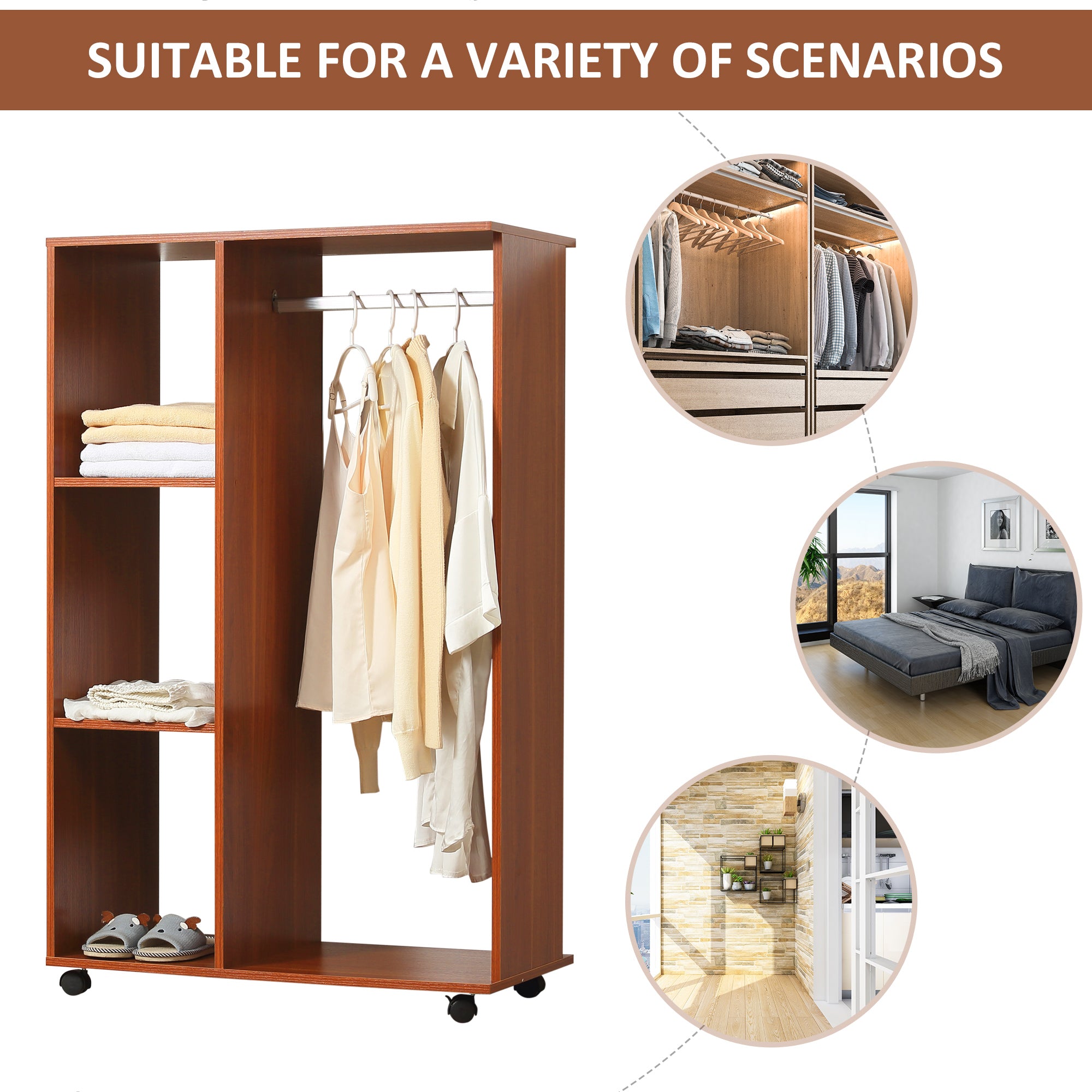 Open Wardrobe with Hanging Rail and Storage Shelves w/Wheels Bedroom-Walnut