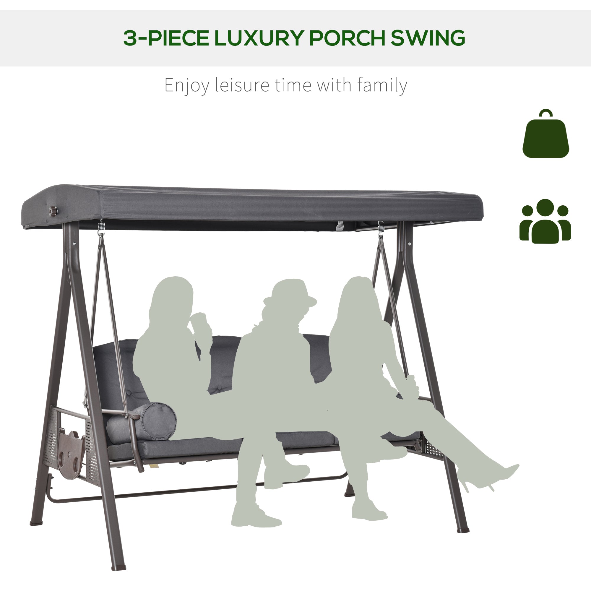 3 Seater Garden Swing Chair Outdoor Hammock Bench w/ Adjustable Canopy, Cushions and Cup Trays, Steel Frame, Dark Grey