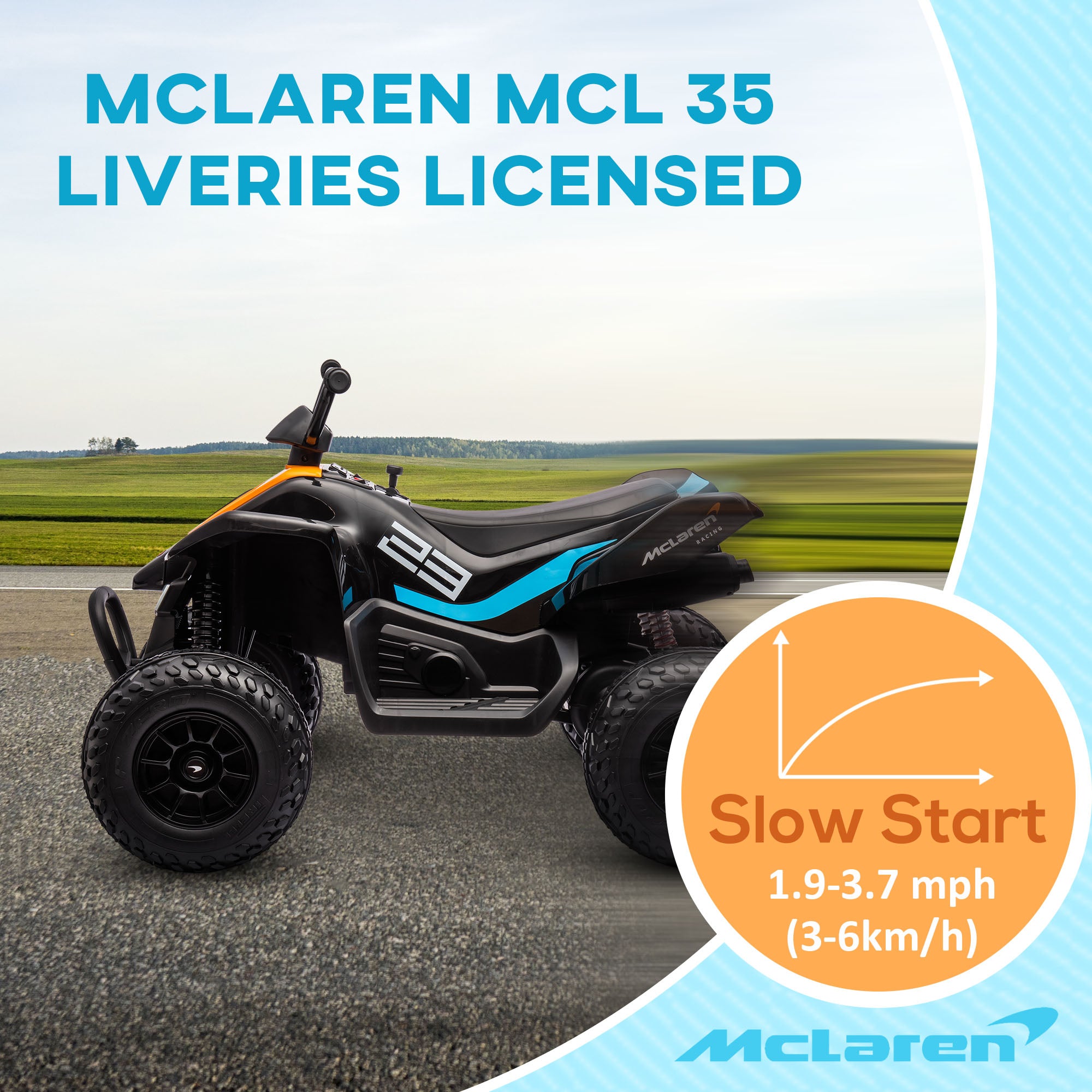 Mclaren Licensed 12V Quad Bike with Slow Start, Music, Headlights, MP3 Slot, Suspension Wheels, for 3-8 Years - Black