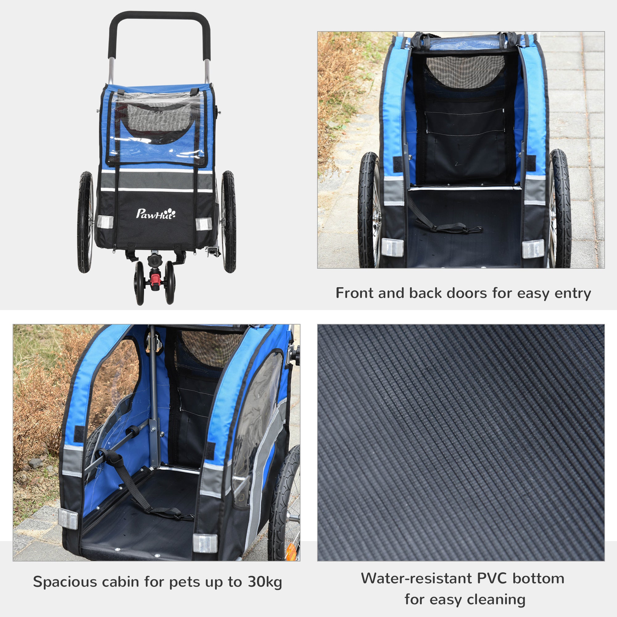 Dog Bike Trailer 2-in-1 Pet Cart Carrier Stroller Pushchair for Bicycle with 360° Rotatable Front Wheel Reflectors Weather Resistant Blue