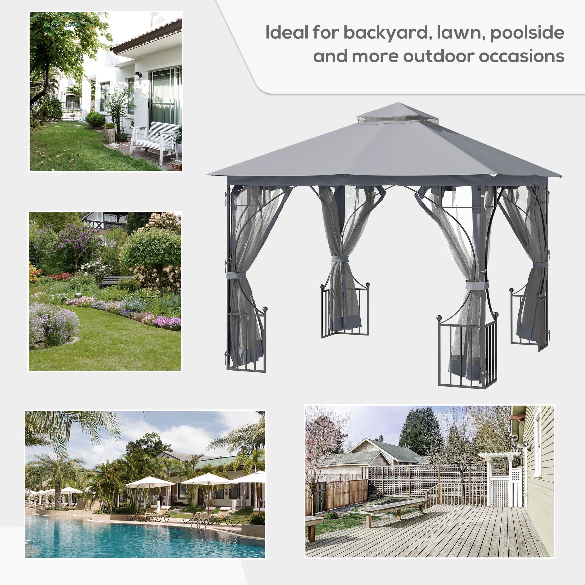 3 x 3 M Garden Gazebo Patio Party Tent Shelter Outdoor Canopy Double Tier Sun Shade Metal Frame Light Grey