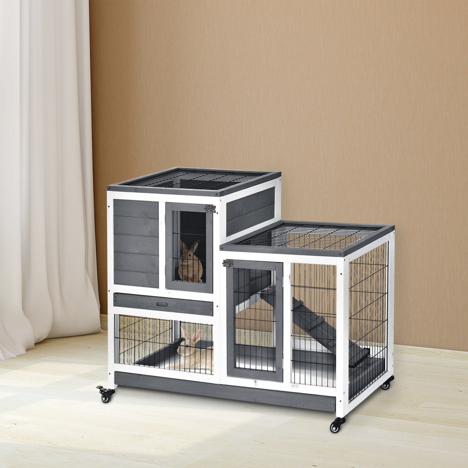 Wooden Indoor Guinea Pigs Hutches Elevated Cage Habitat with Enclosed Run with Wheels, Ideal for Rabbits and Guinea Pigs, Grey and White