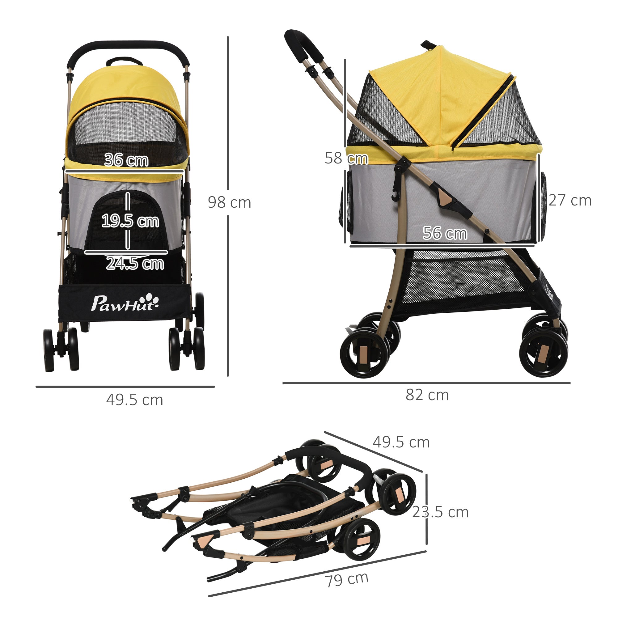 Detachable Dog Pushchair, 3-In-1 Dog Cat Travel Carriage, Foldable Carrying Bag with Universal Wheel Brake Canopy Basket Storage Bag, Yellow