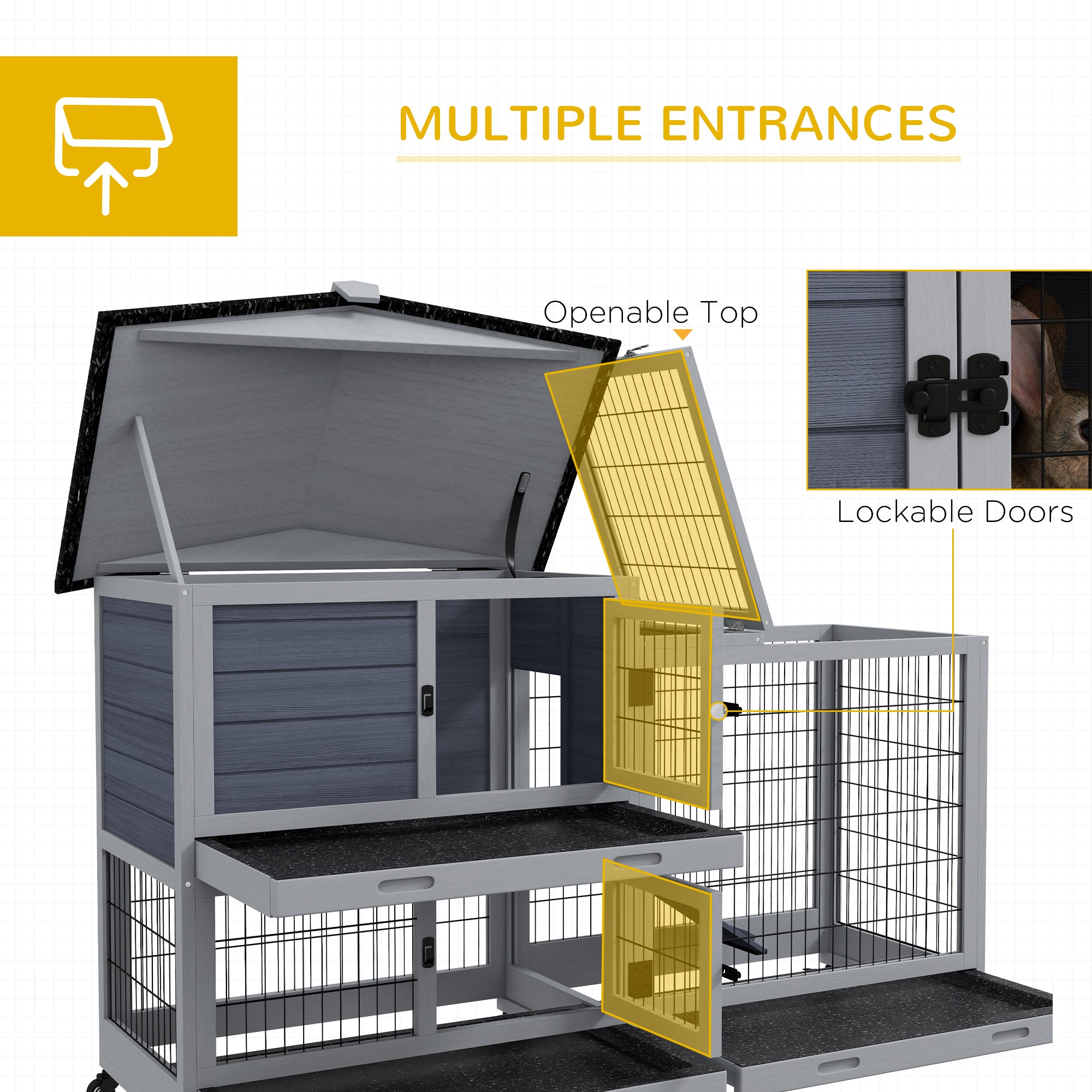 Portable Rabbit Cage, Rabbit Hutch with Run, Wheels, 3 Slide-out Trays, Ramp, Openable Top for Outdoor Indoor - Grey