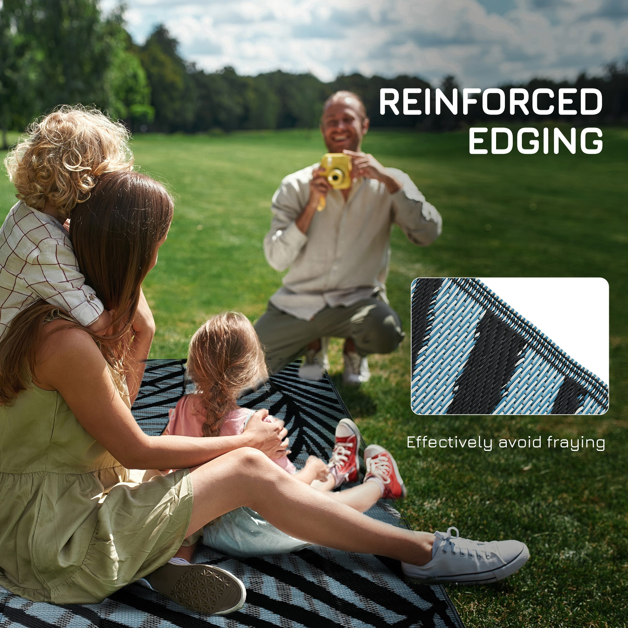 Plastic Straw Reversible RV Outdoor Rug with Carry Bag, 182 x 274cm, Blue and Black