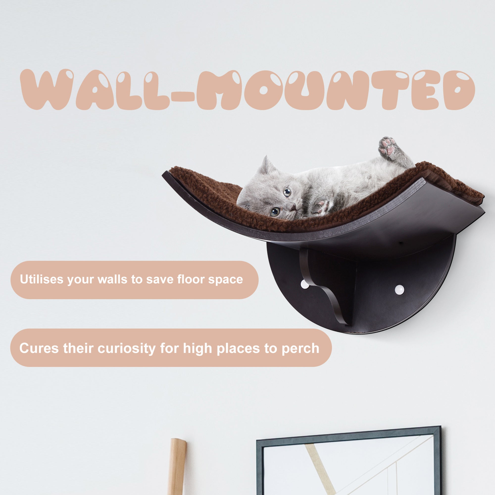 Cats Wall-Mounted MDF Shelf Bed w/ Fleece Cushion Brown