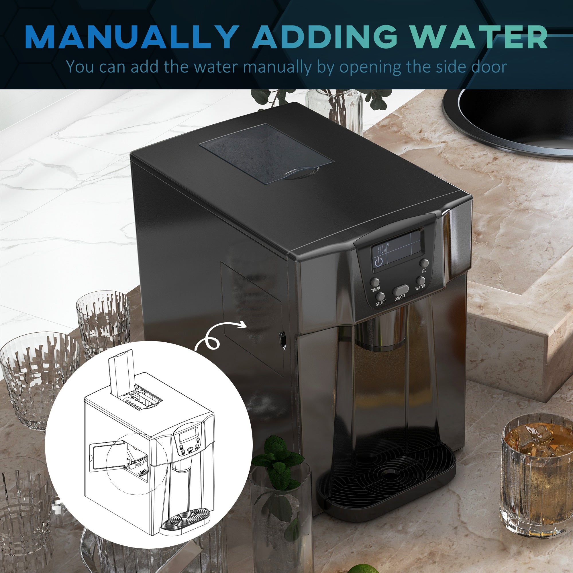 Ice Maker Machine and Water Dispenser, Counter Top Ice Cube Maker for Home with 3L Tank, Adjustable Cube Size, 9 Ice Cubes per 6-10 Minutes, No Plumbing Required, Black