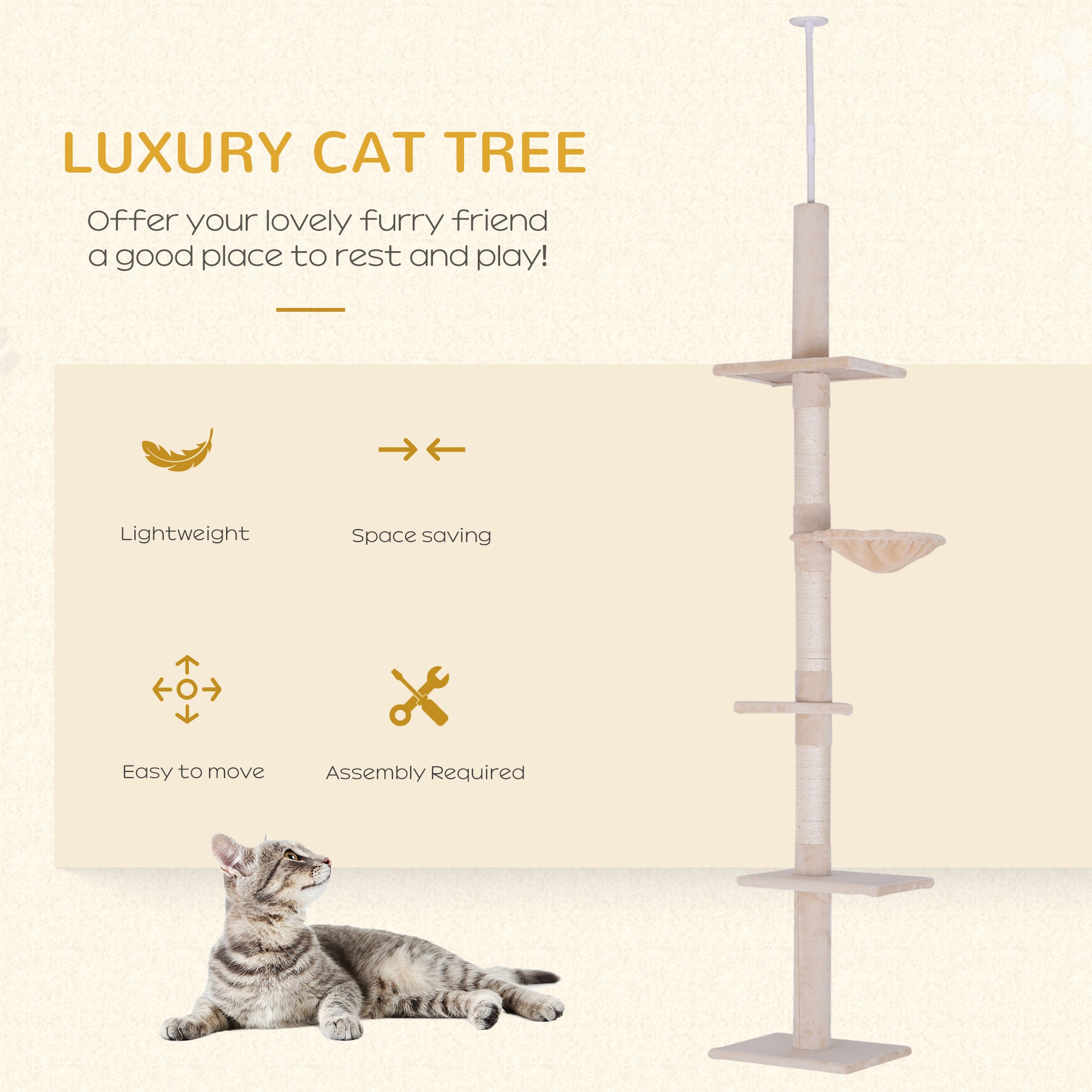 Floor to Ceiling Cat Tree 5-Tier Kitty Tower Activity Center Scratching Post 230-260cm