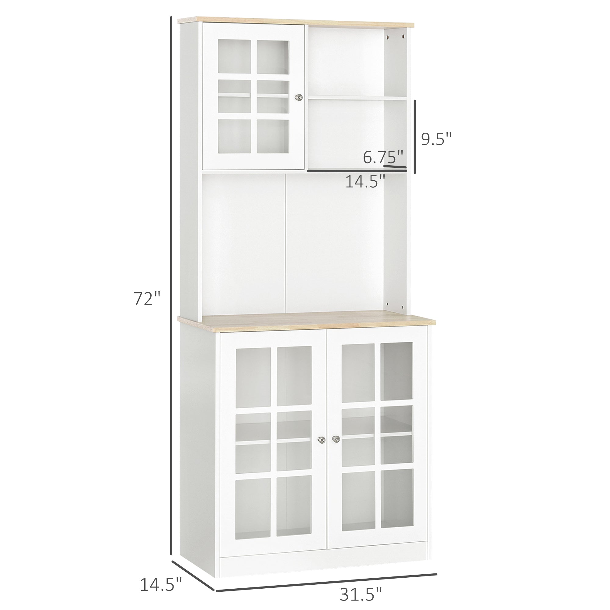 Kitchen Cupboard Sideboard Storage Cabinet Unit w/ Counter Top Grid Glass Doors Shelves 80L x 37W x 183H cm - White