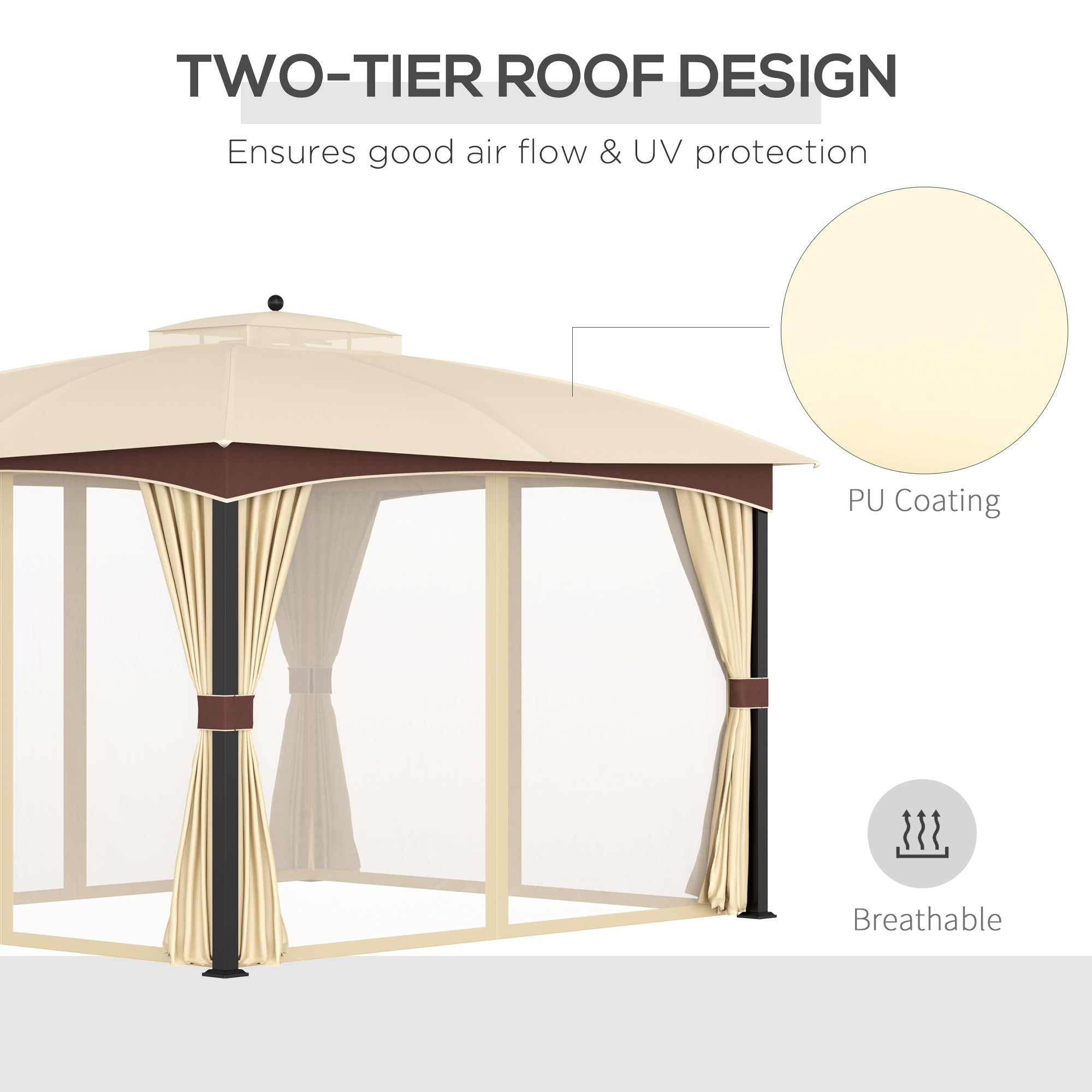 4 x 3(m) Patio Gazebo, Garden Canopy Shelter with Double Tier Roof, Removable Netting and Curtains for Lawn, Poolside, Khaki