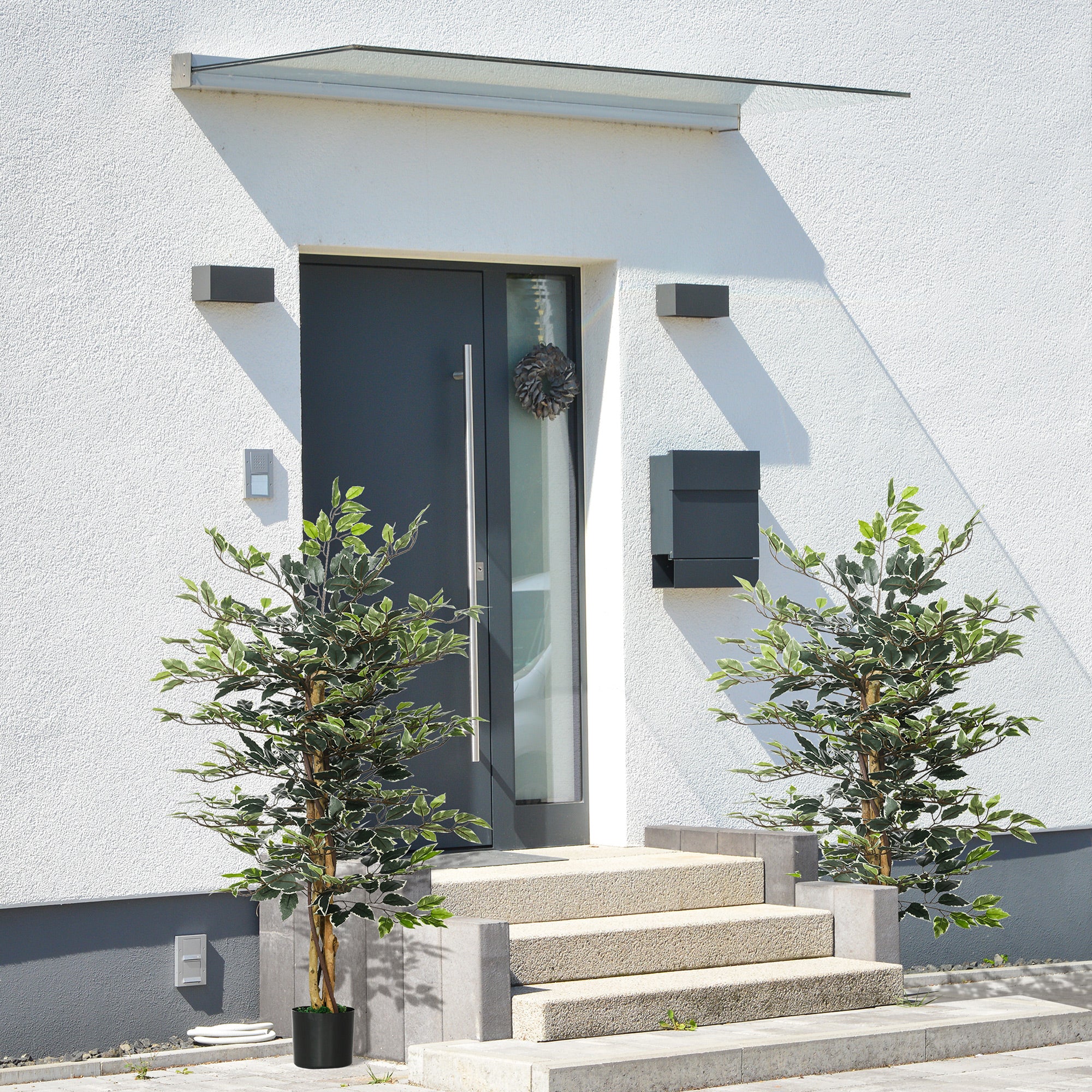 Artificial Ficus Tree in Pot, 130cm Tall Fake Plant with Lifelike Leaves and Natural Trunks, for Indoor Outdoor, Set of 2, Green