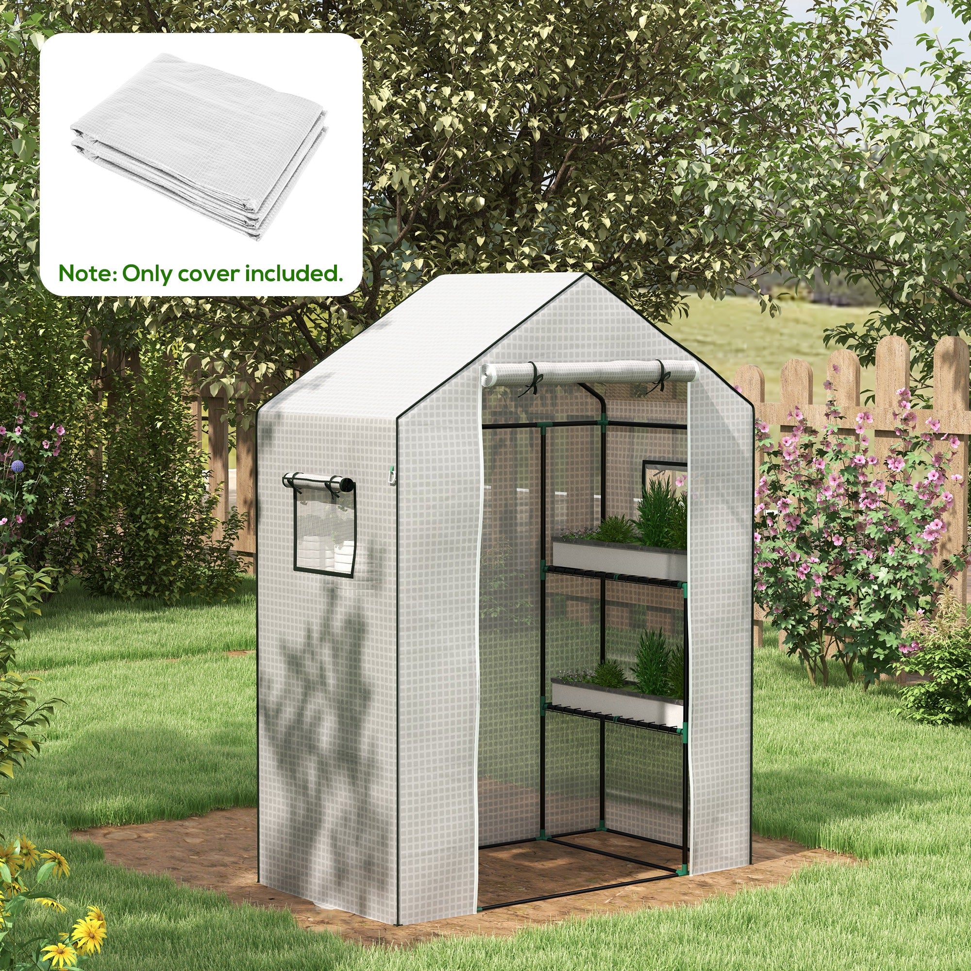 Greenhouse Cover Replacement Walk-in PE Hot House Cover with Roll-up Door and Windows, 140 x 73 x 190cm, White