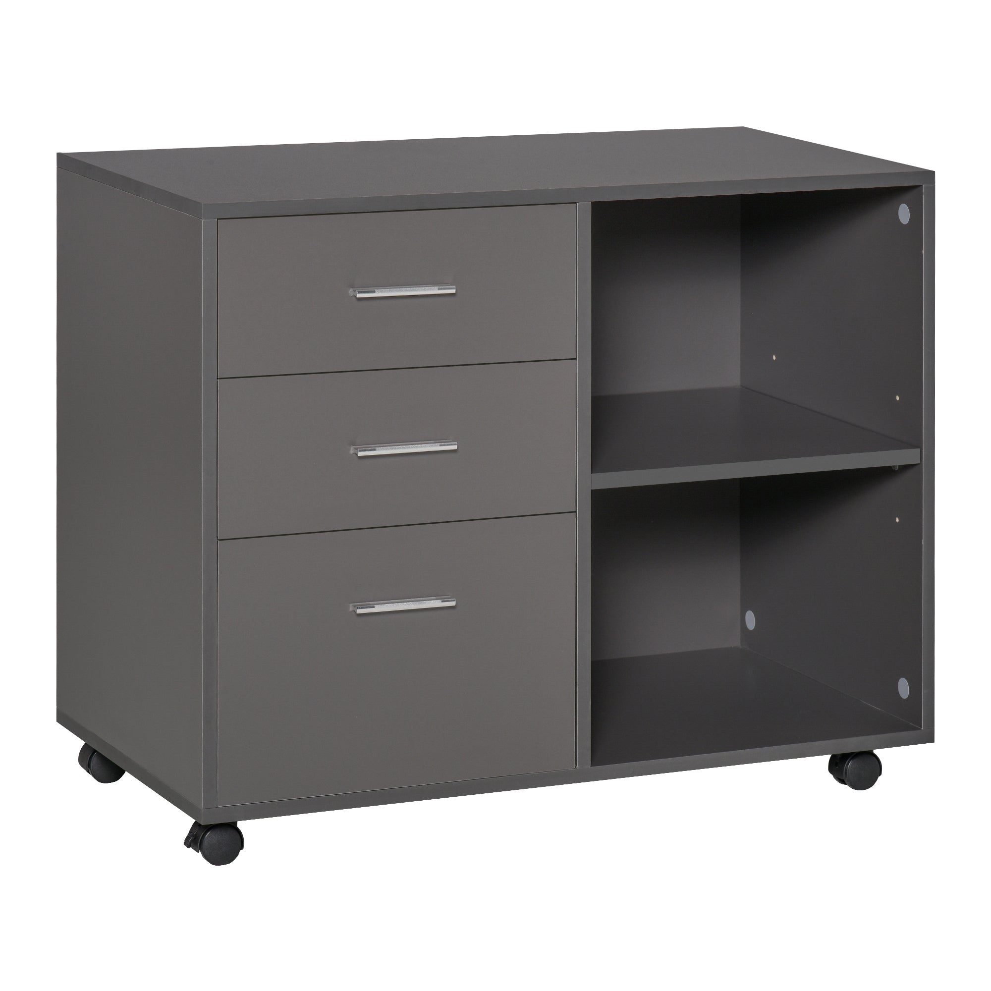 Freestanding Printer Stand Unit Office Desk Side Mobile Storage w/ Wheels 3 Drawers, 2 Open Shelves Modern Style 80L x 40W x 65H cm - Grey