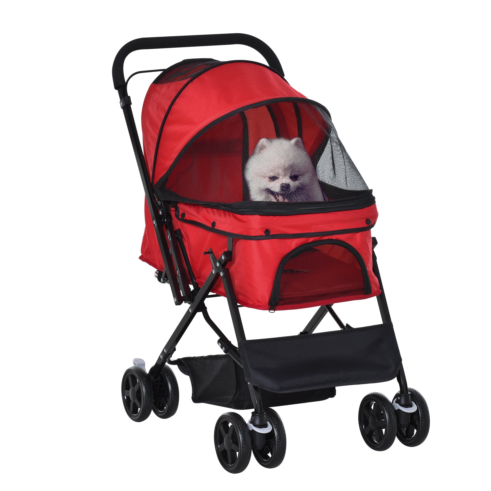 Pet Stroller Dog Travel Pushchair Foldable Jogger with Reversible Handle EVA Wheel Brake Basket Adjustable Canopy Safety Leash Red