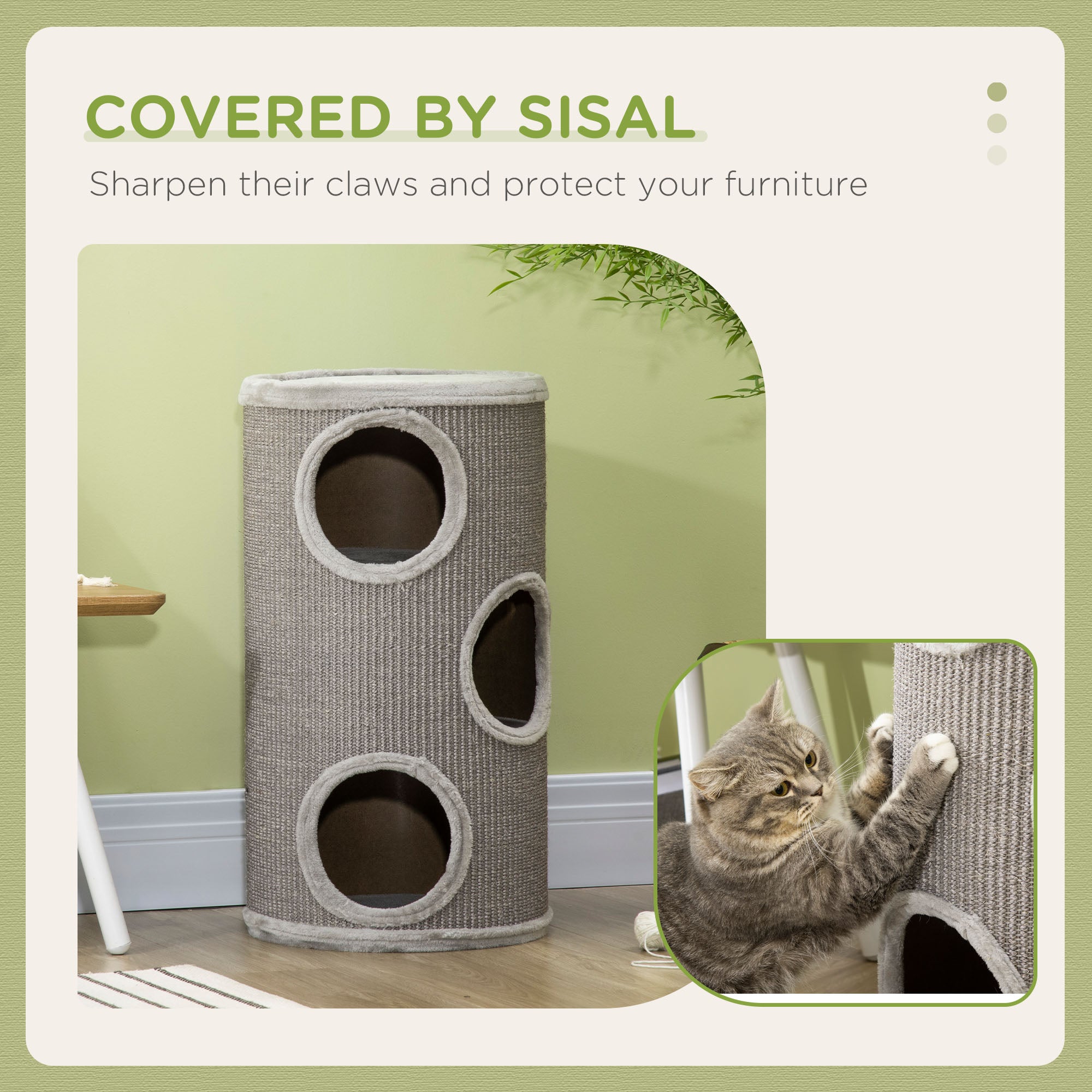 Cat Barrel Kitten Tree Tower for Indoor Cats, Cat Climbing Frame Covered with Sisal, Cosy Platform - Light Grey