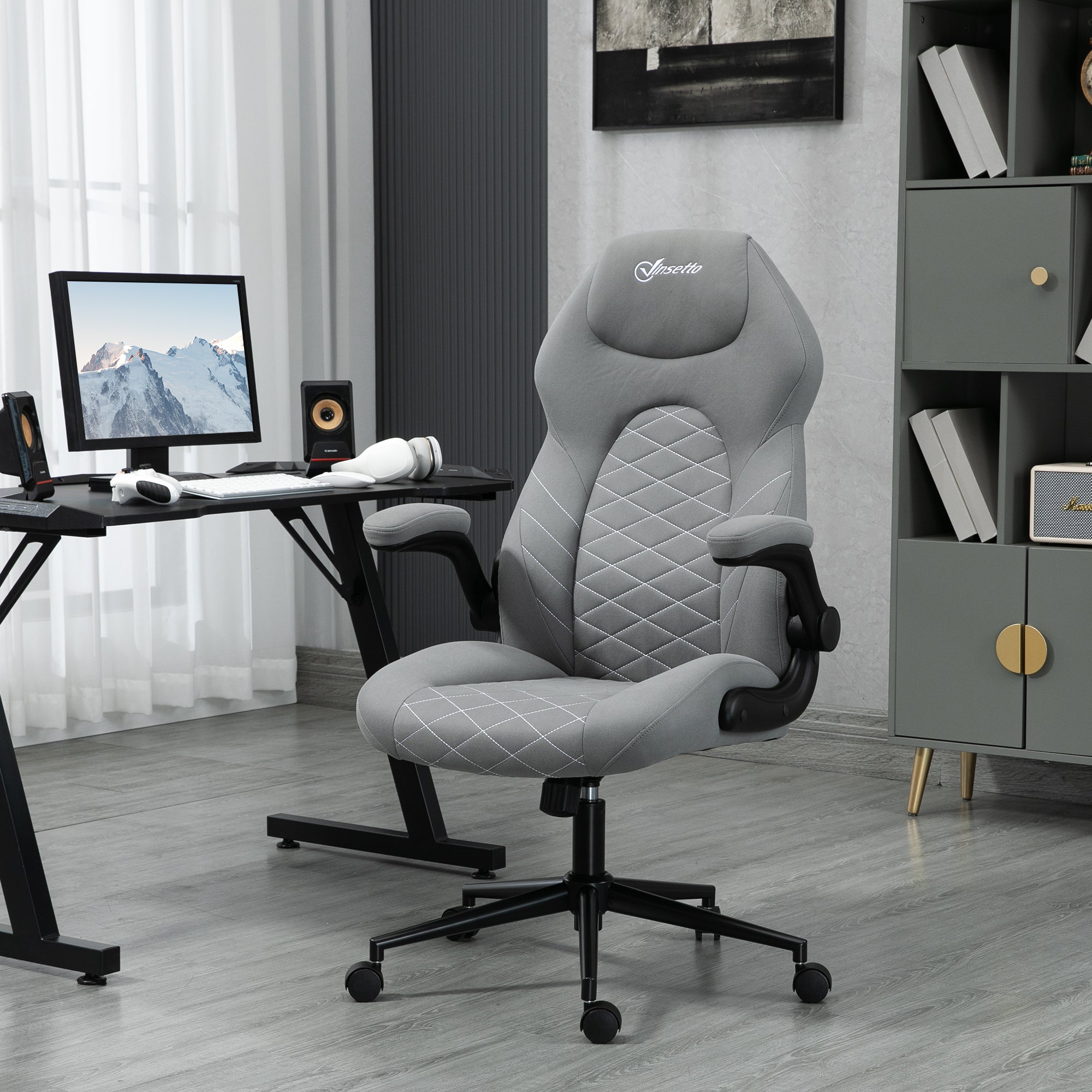 Home Office Desk Chair, Computer Chair with Flip Up Armrests, Swivel Seat and Tilt Function, Light Grey