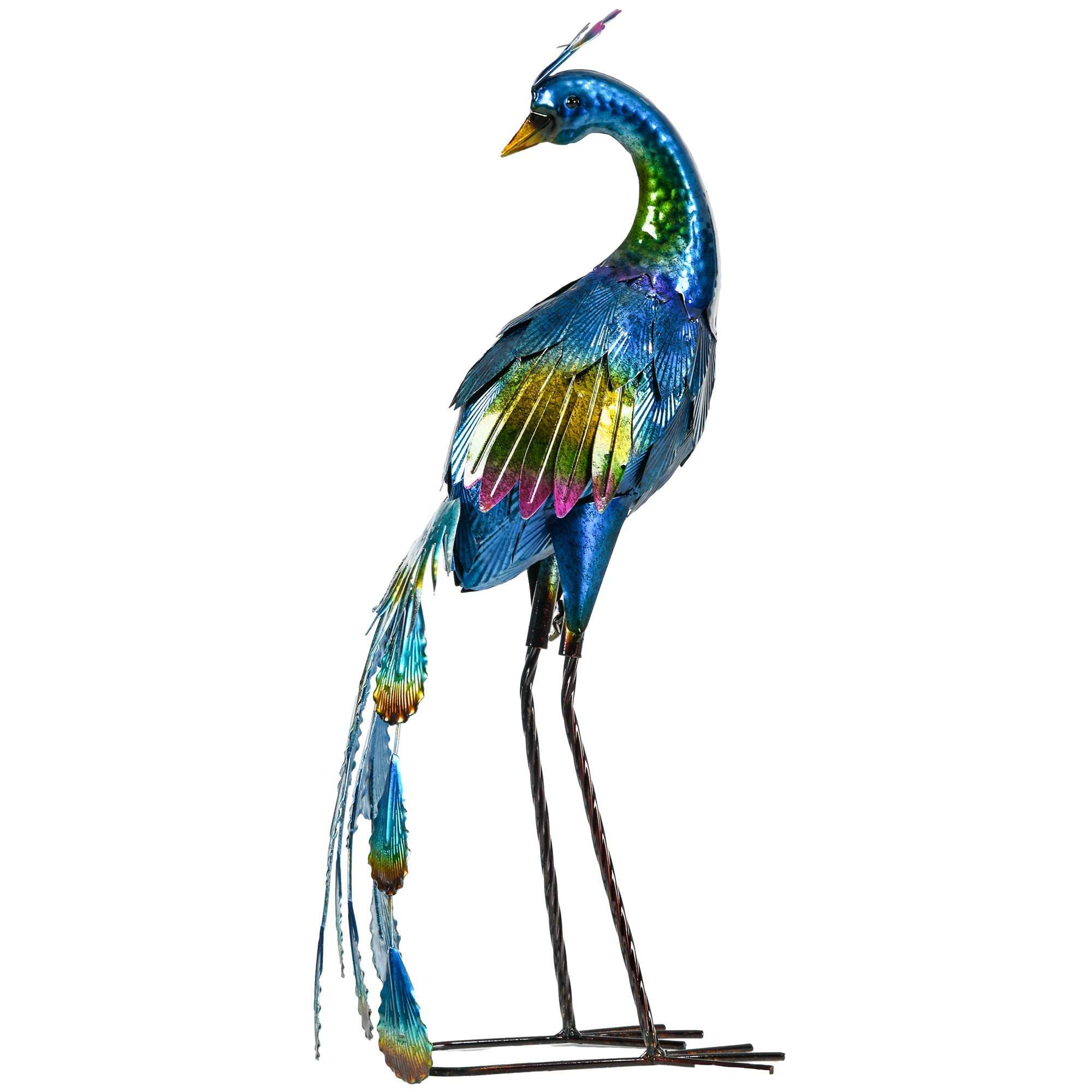 Steel Peacock Garden Statue with Stakes Durable Outdoor Decoration - Multi-Coloured