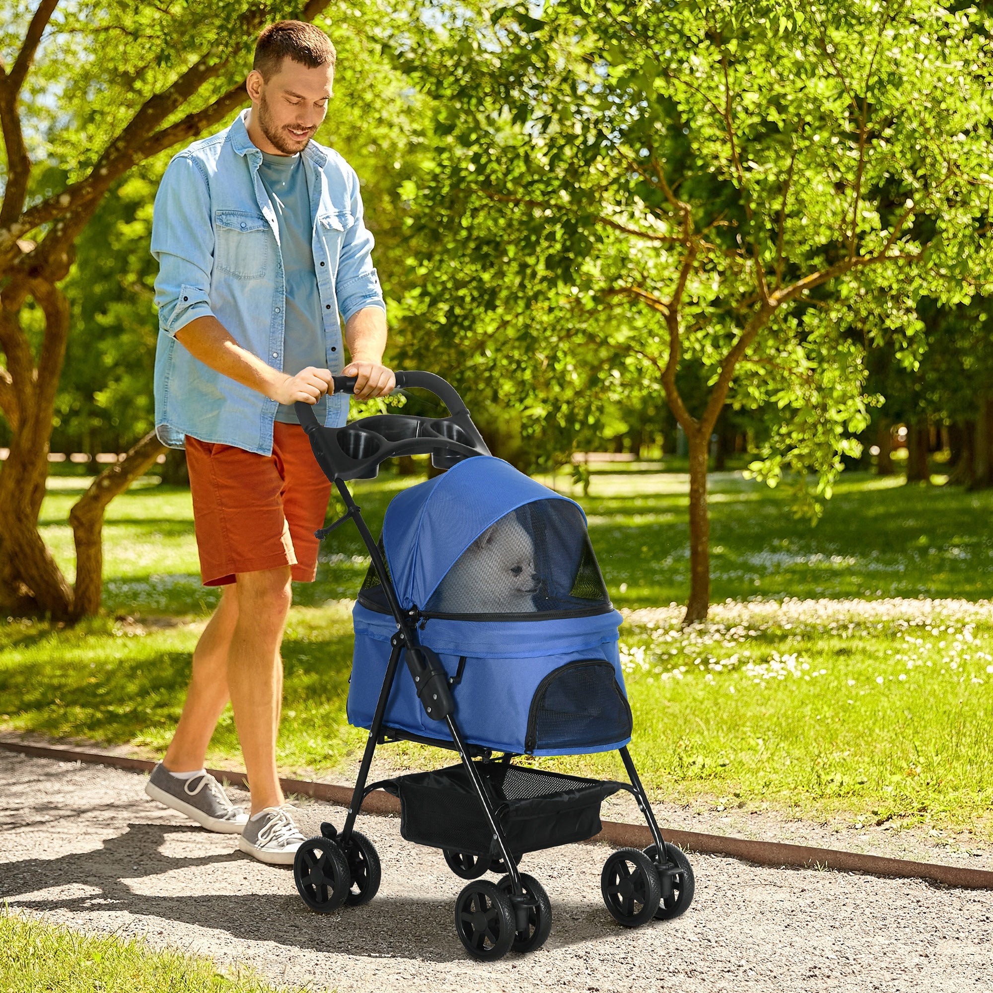 Pet Stroller Dog Cat Travel Pushchair One-Click Fold Trolley Jogger with EVA Wheels Brake Basket Adjustable Canopy Safety Leash Blue