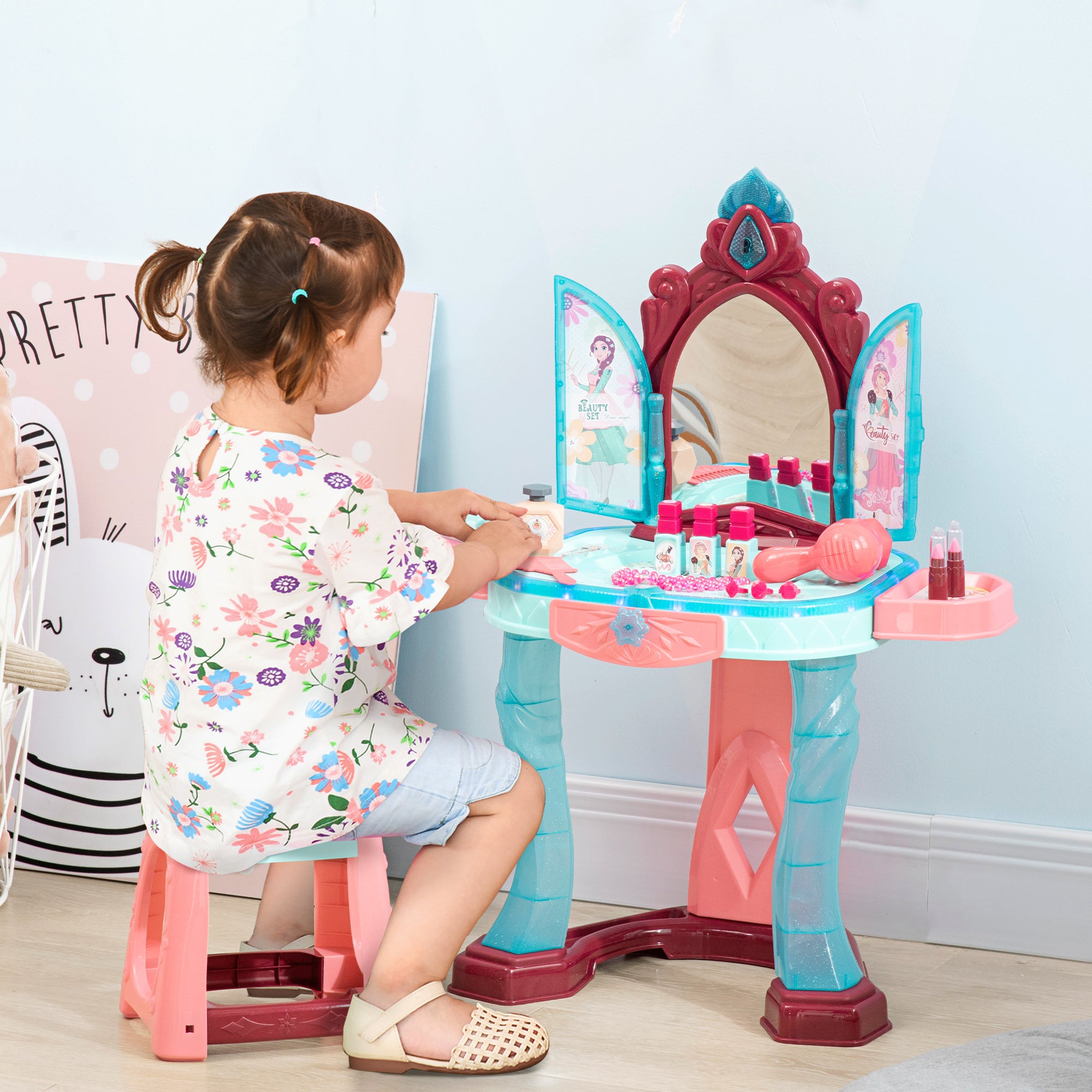 31 PCS Kids Dressing Table Set with Magic Princess Mirror, Musical Pretend Toy W/ Beauty Kit Mirror Light & Music, for 3-6 Years Old Blue+Pink