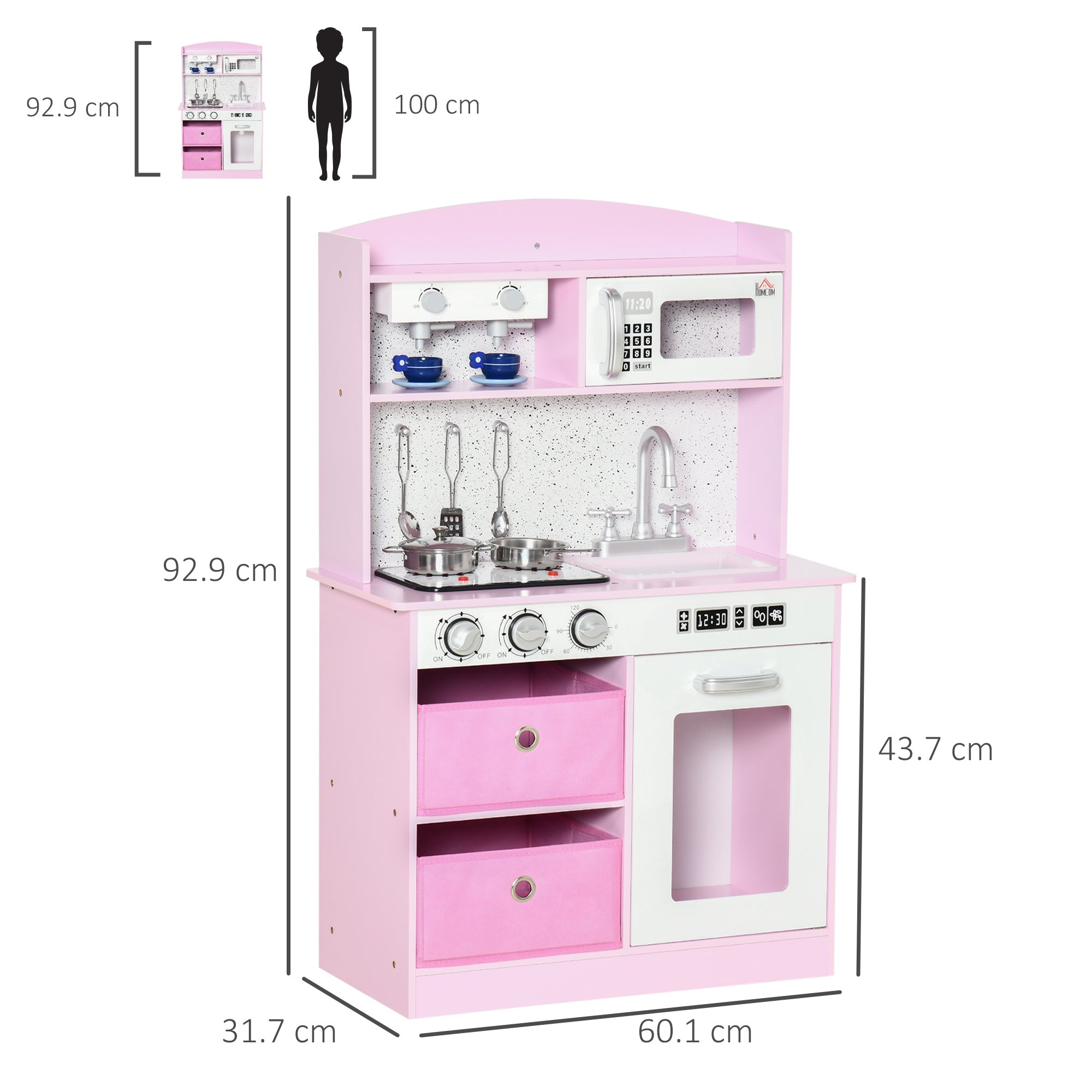 Wooden Play Kitchen with Lights and Sound, Kids Kitchen Playset with Coffee Maker Microwave Sink Utensils Storage Bins, Pretend Role Play Pink