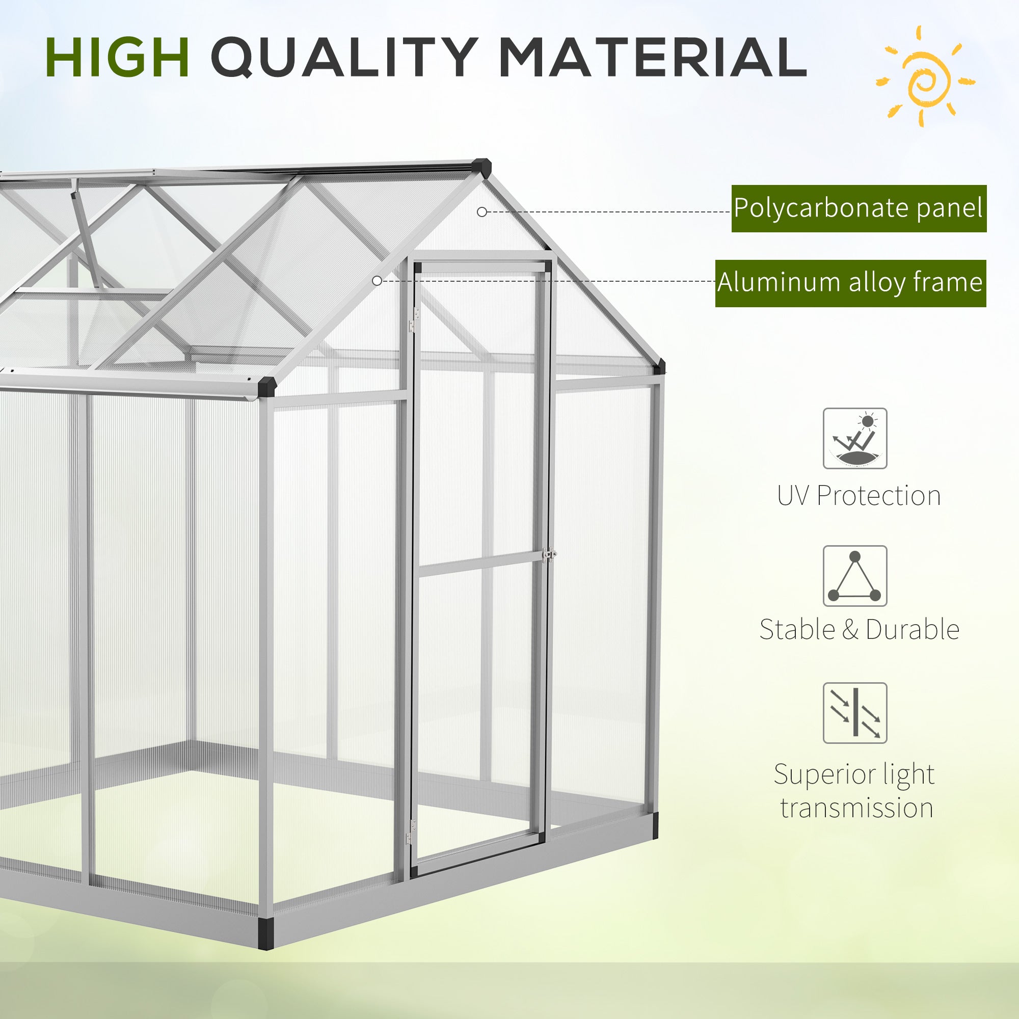 6x6ft Clear Polycarbonate Greenhouse Aluminium Frame Large Walk-In Garden Plants Grow