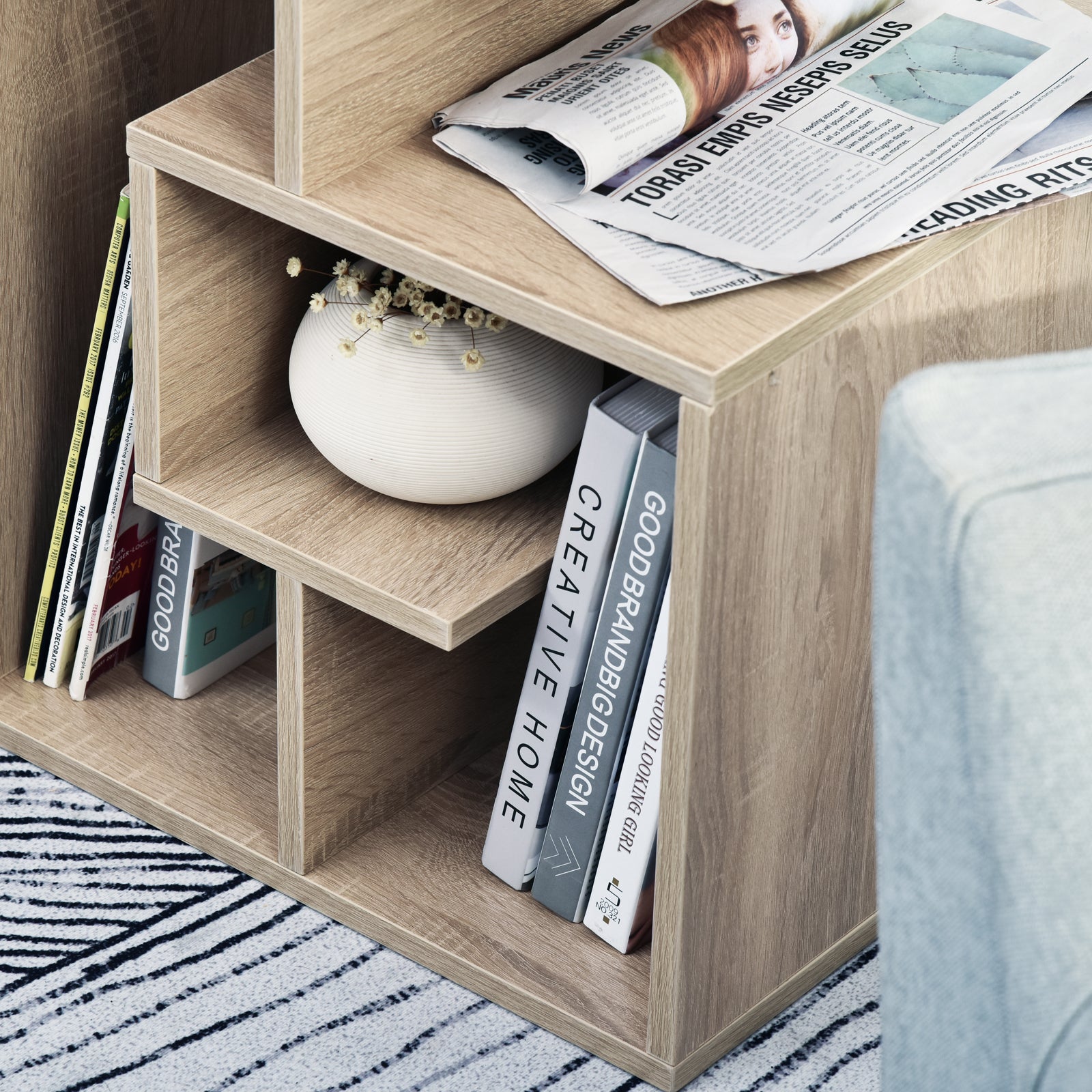 Side Table, 3 Tier End Table with Open Storage Shelves, Living Room Coffee Table Organiser Unit, Oak Colour