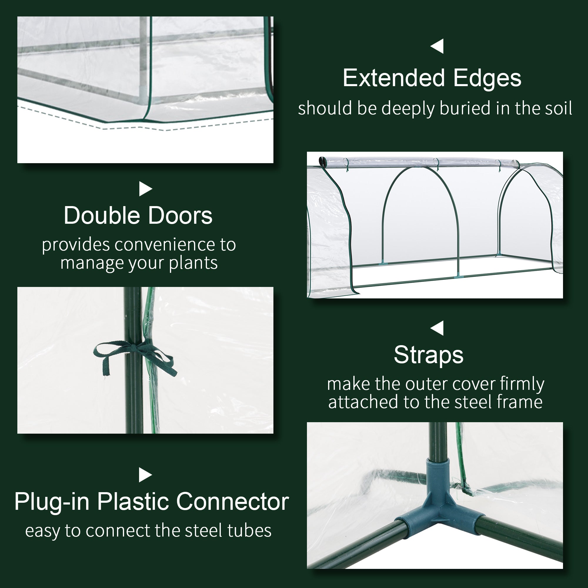 Tunnel Greenhouse Green Grow House for Garden Outdoor, Steel Frame, PVC Cover, Transparent, 250 x 100 x 80cm