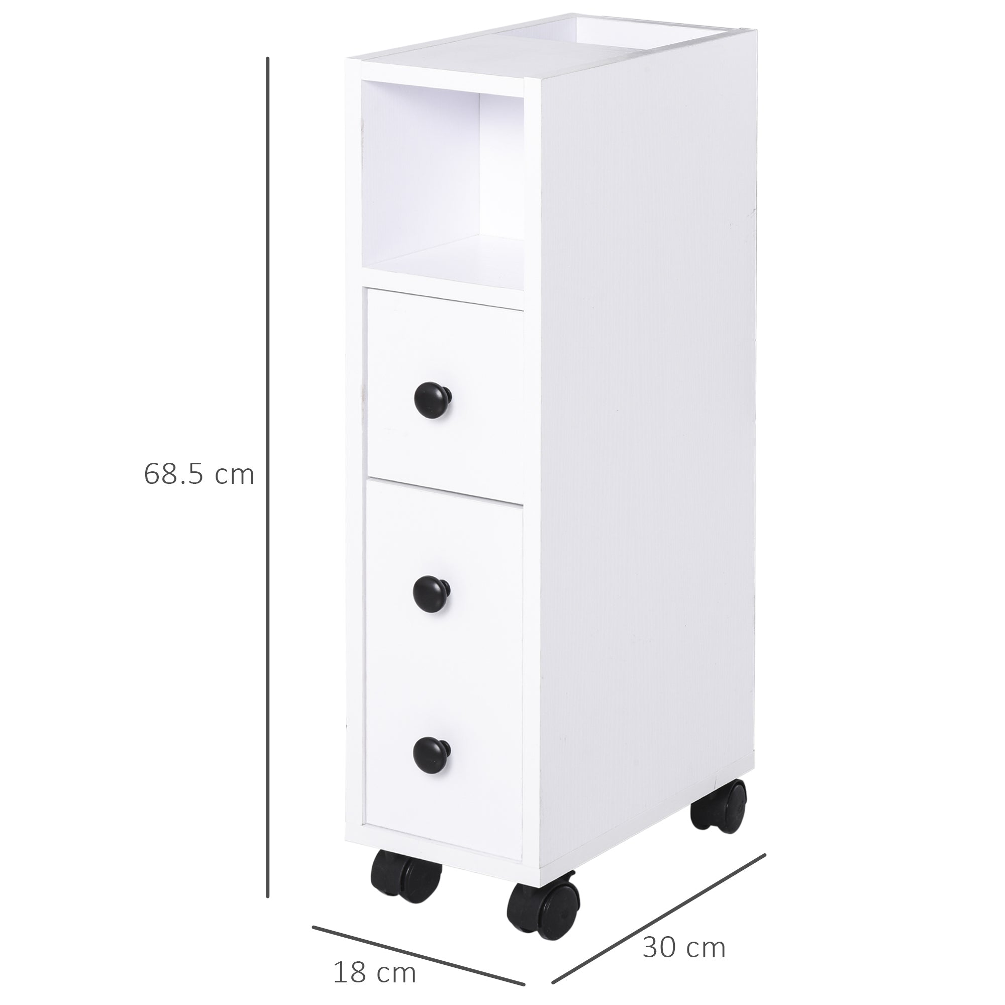 Slimline Bathroom Storage Unit w/ 2 Drawers 2 Open Compartments Wheels Handles Freestanding Compact Home Office Furniture White