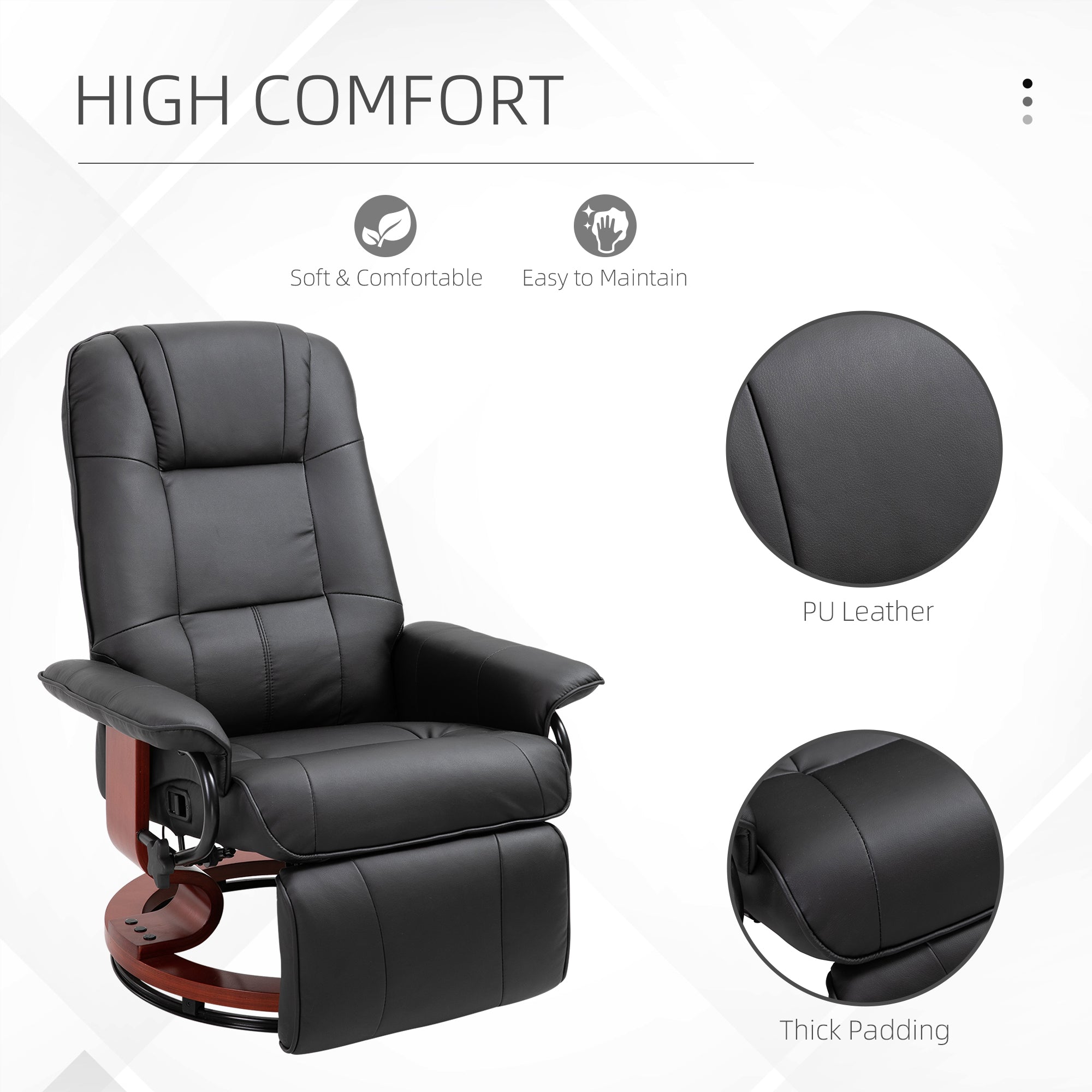 Manual Recliner Chair Armchair Sofa with Faux Leather Upholstered Wooden Base for Living Room Bedroom, Black