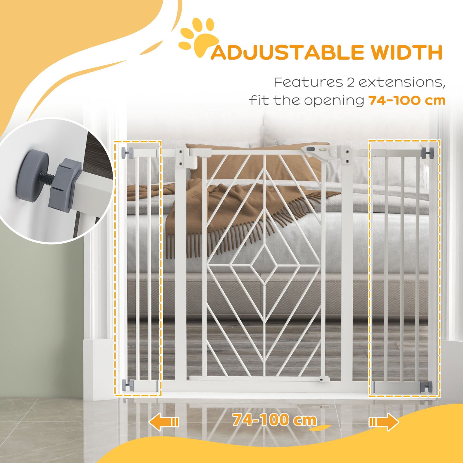 Pressure Fit Stair Gate Dog Gate w/ Auto Closing Door, Double Locking, Easy Installation, for 74-100cm Openings - White