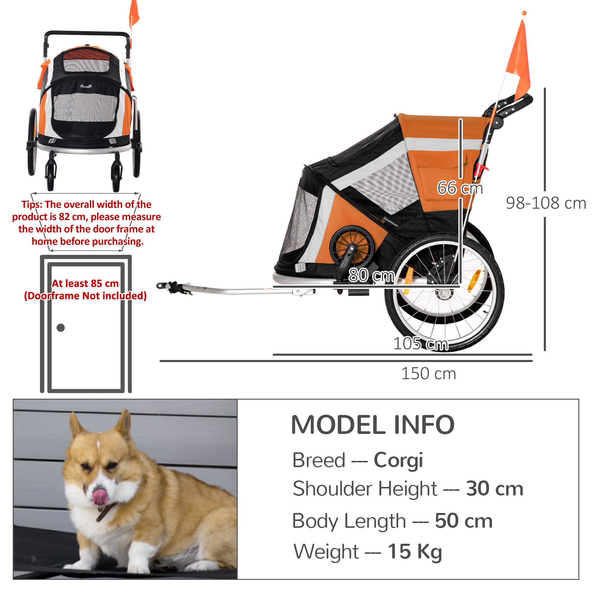 Dog Bike Trailer 2-in-1 Pet Stroller for Large Dogs Cart Foldable Bicycle Carrier Aluminium Frame with Safety Leash Hitch Coupler Flag Orange