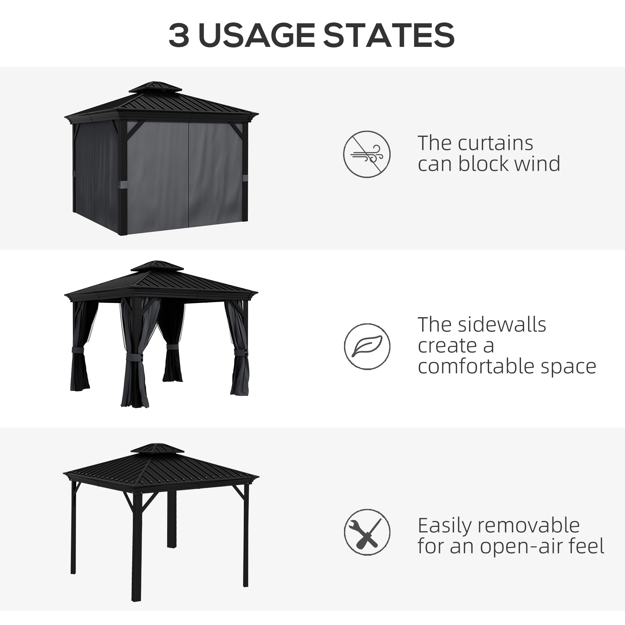 3 x 3.7m Outdoor Hardtop Gazebo Canopy Aluminum Frame with 2-Tier Roof & Mesh Netting Sidewalls for Patio, Dark Grey