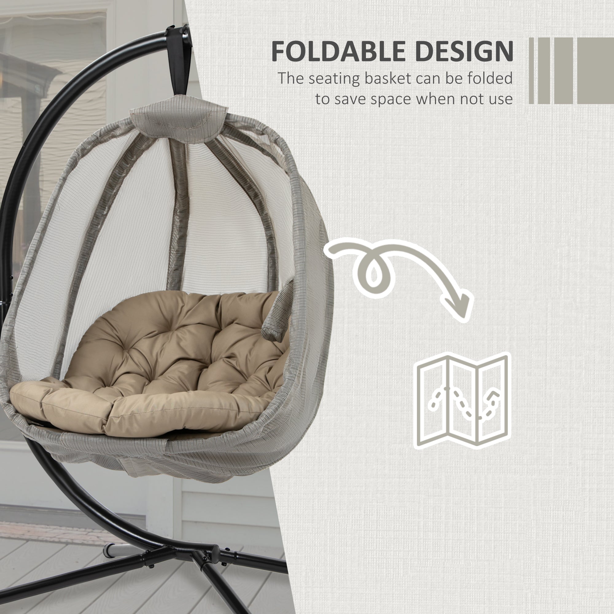 Hanging Egg Chair, Folding Swing Hammock with Cushion and Stand for Indoor Outdoor, Patio Garden Furniture, Khaki