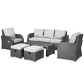 6 Piece Reclining Rattan Garden Furniture Set with Table and Footstools - Light Grey