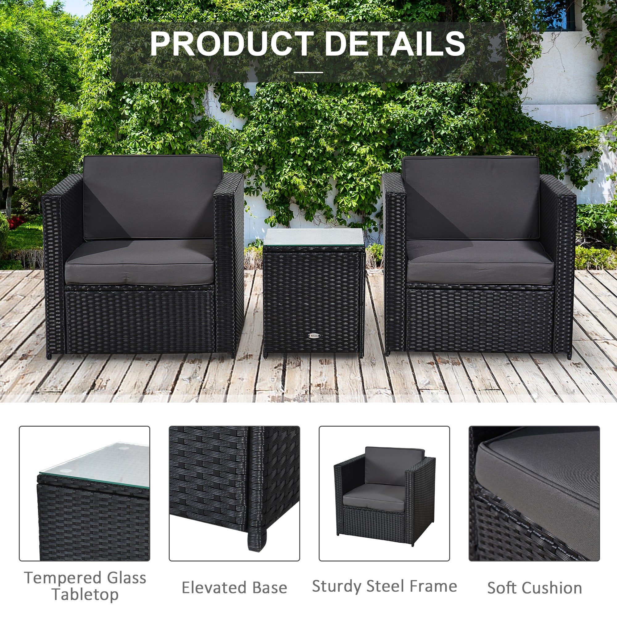 3 pcs PE Rattan Garden Furniture Patio Bistro Set Weave Conservatory Sofa Table and Chairs Set Black