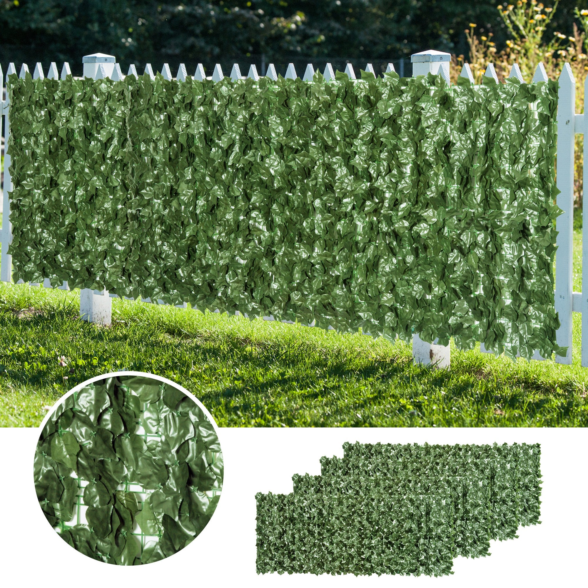 4-Piece Artificial Leaf Hedge Screen Privacy Fence Panel for Garden Outdoor Indoor Decor, Dark Green, 2.4M x 1M