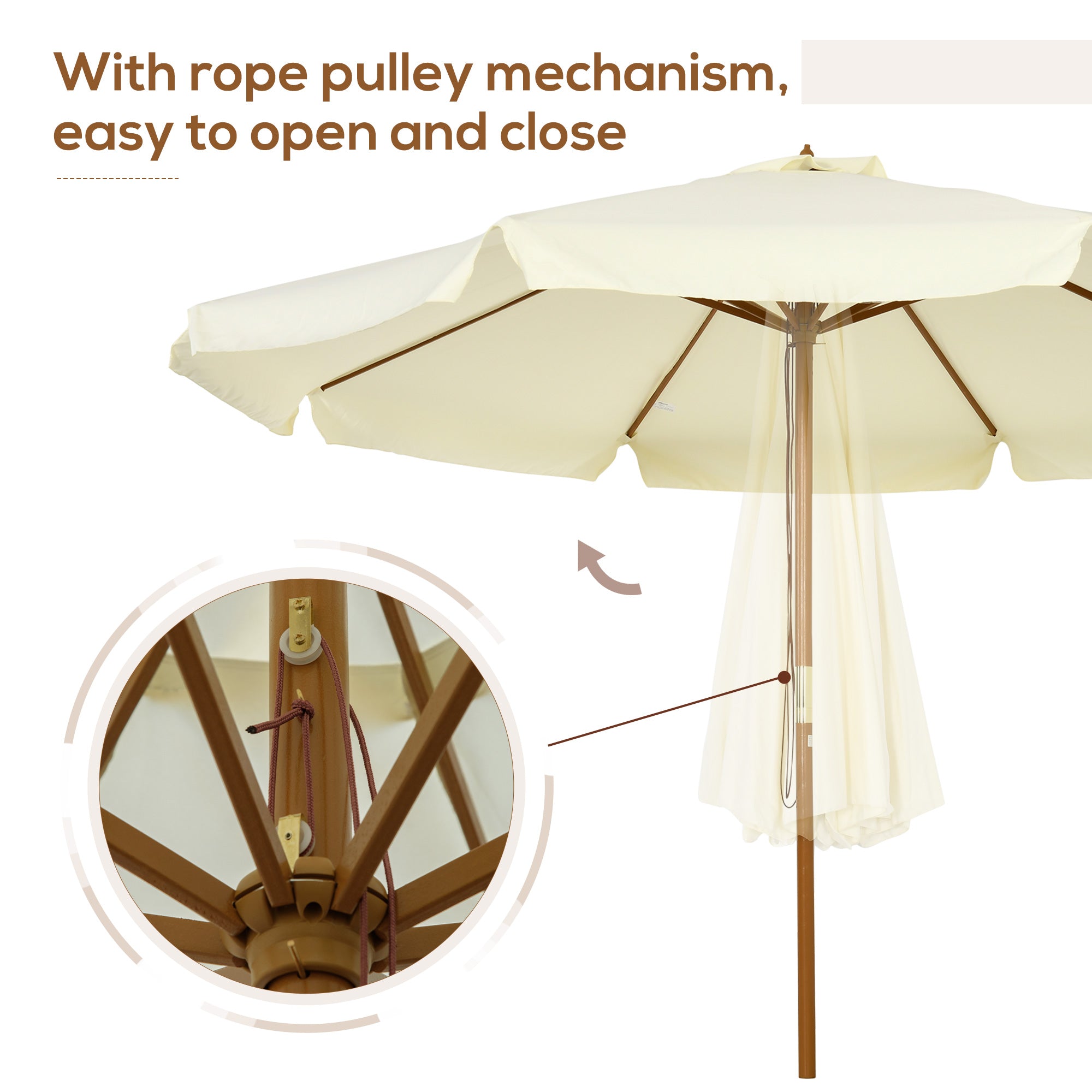 3.3m Patio Umbrella with Bamboo Ribs and Wood Pole, Ruffled Canopy - Beige