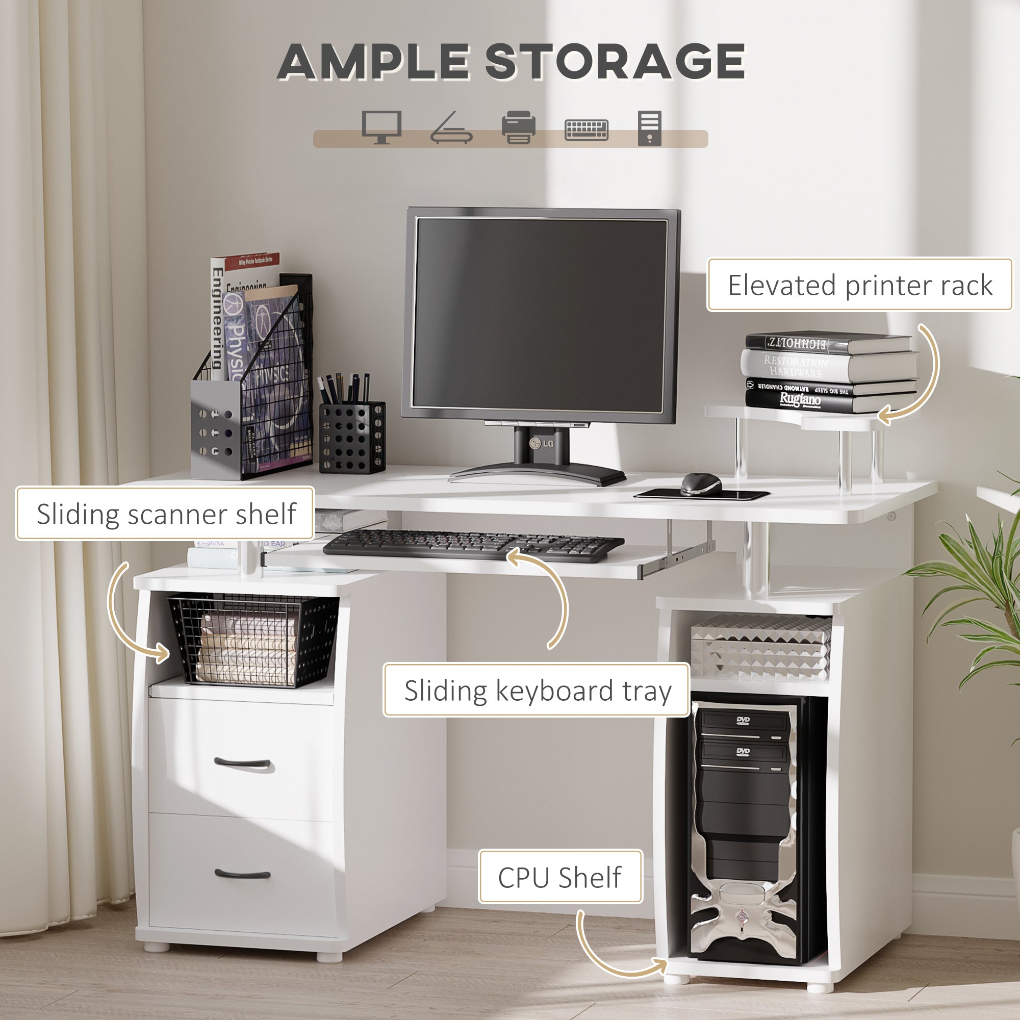 Computer Desk Office PC Table Workstation with Keyboard Tray, CPU Shelf, Drawers, Sliding Scanner Shelf, White