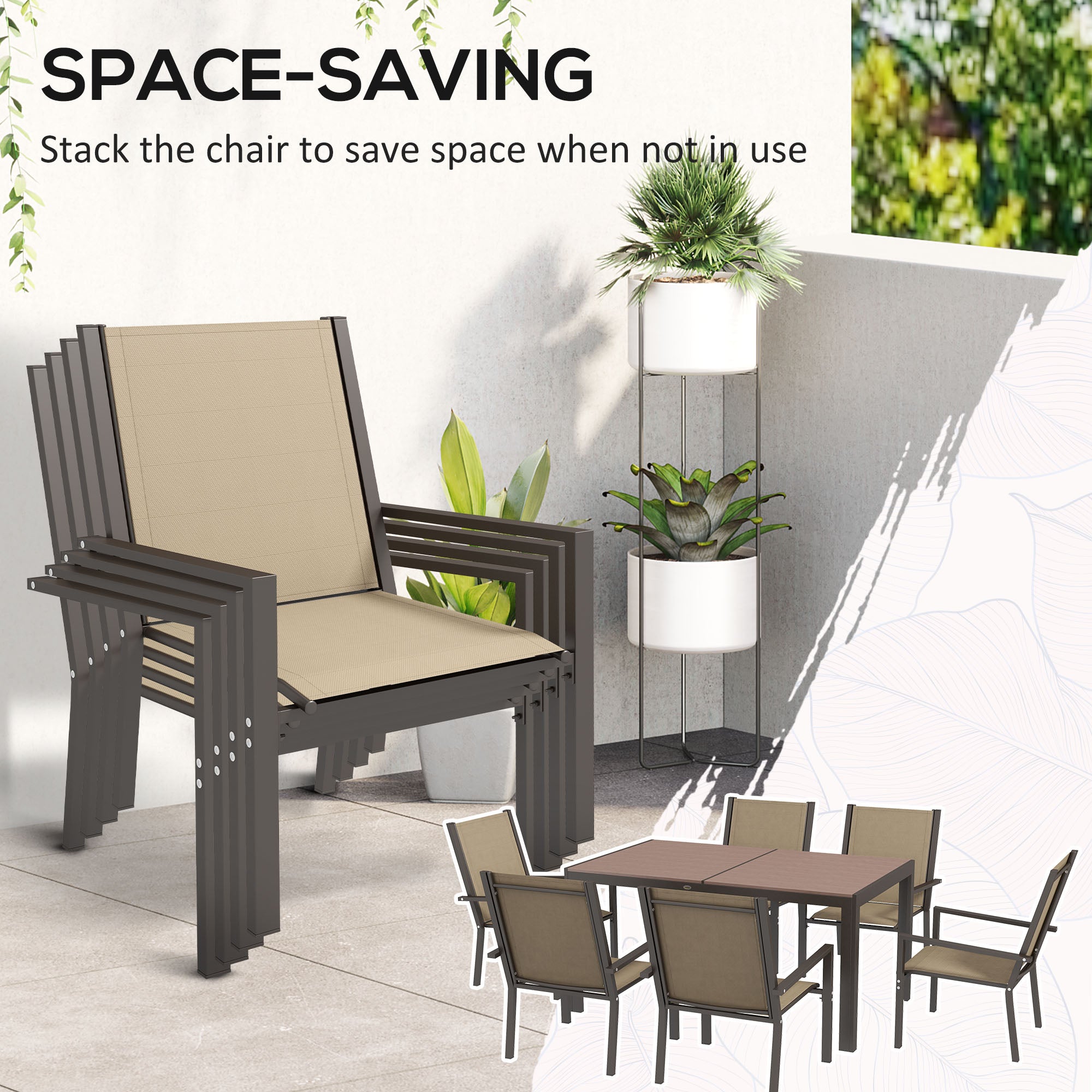 7 Pieces Garden Dining Set with Wood-plastic Composite Dining Table, Outdoor Table and 6 Stackable Armchairs with Texteline Seats and Backrest, Khaki