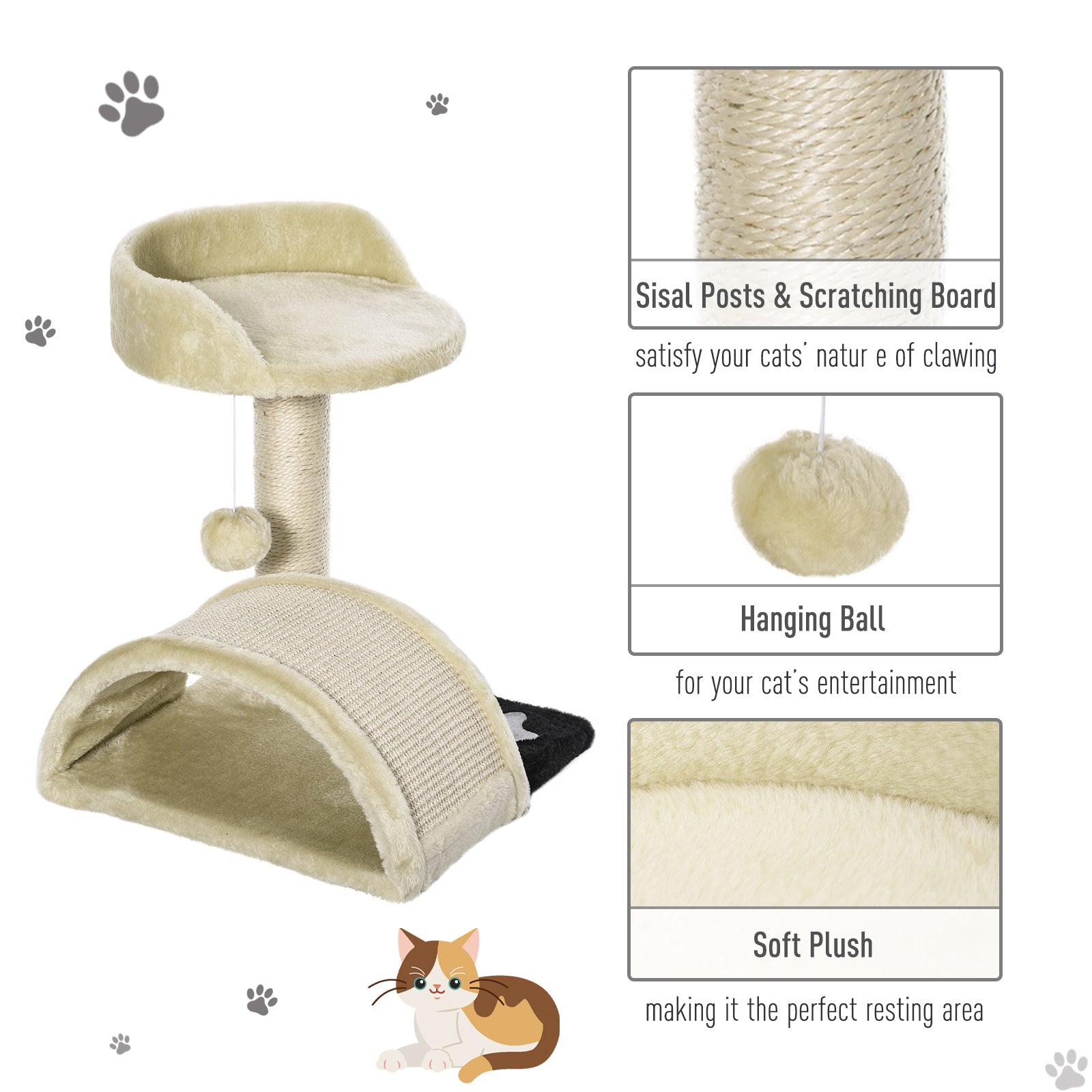 Cat Tree Cat Scratching Post Scratching Scratcher Post Kitten Activity Centre Climber Hanging Ball Beige