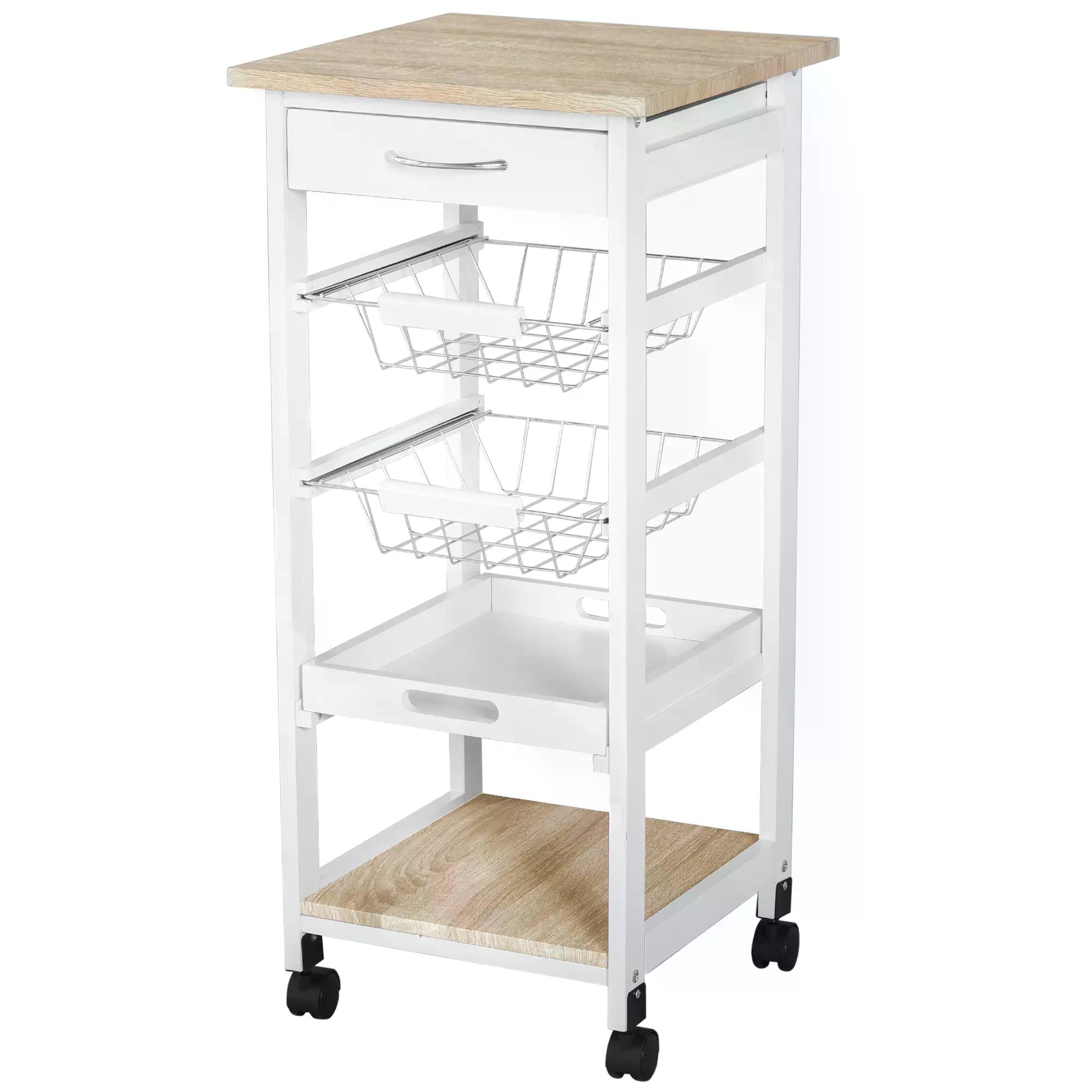 Mobile Rolling Kitchen Island Trolley for Living room, Serving Cart with Drawer & Basket, White