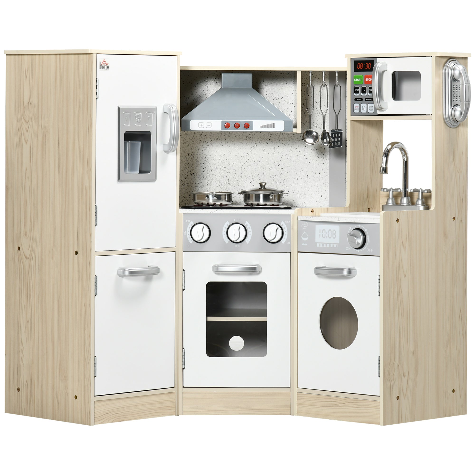 Toy Kitchen for Kids with Role Play Accessories, Wooden Corner Pretend Kitchen with Sound and Light, Phone, Microwave, Refrigerator, Ice Maker