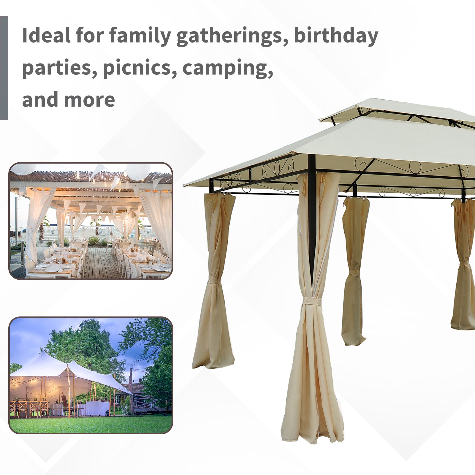 4m x 3(m) Metal Gazebo Canopy Party Tent Garden Pavillion Patio Shelter Pavilion with Curtains Sidewalls Beige