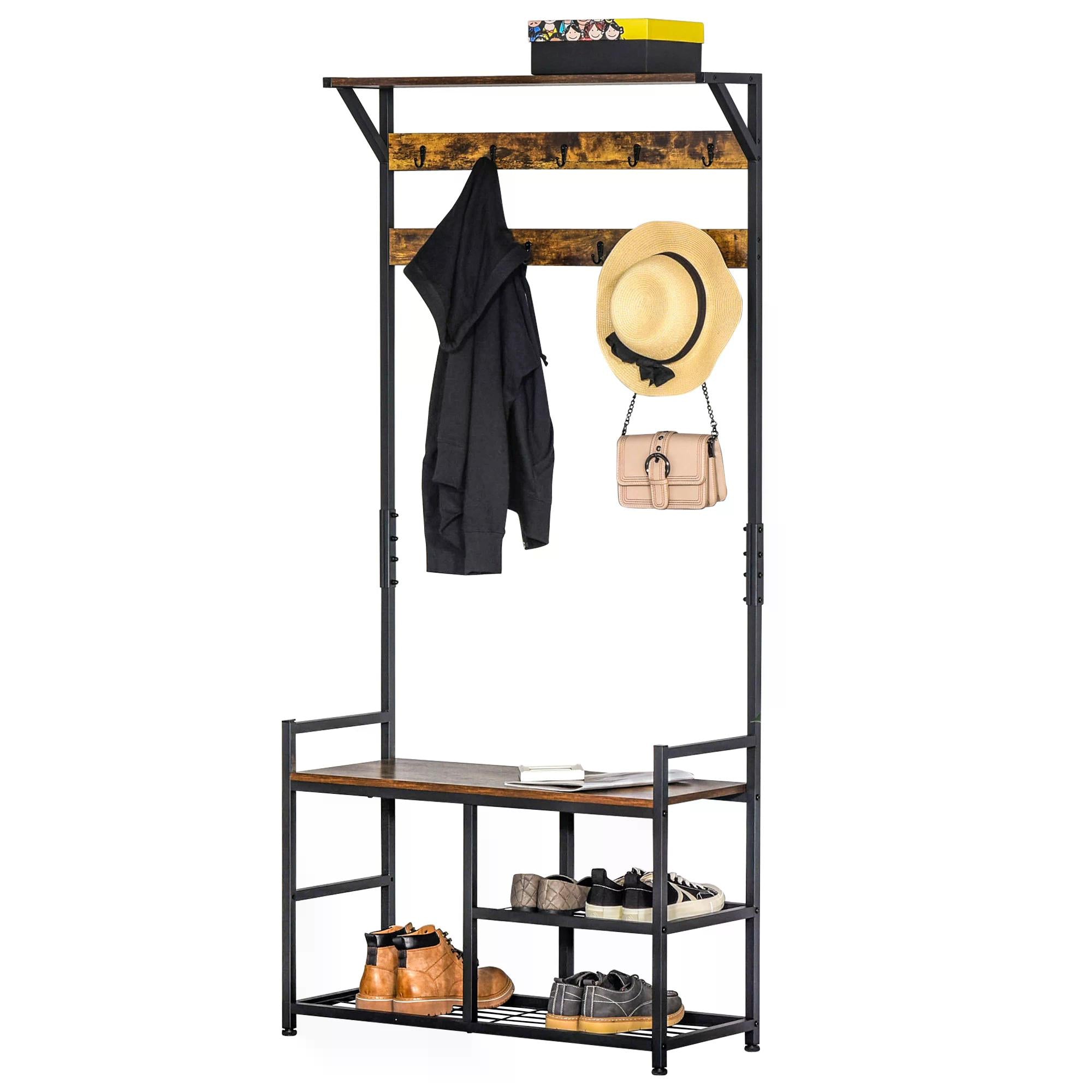 Coat Rack Coat Stand Shoe Storage Bench with 9 Hooks Shelves for Bedroom Living Room Entryway Brown and Black 180cm