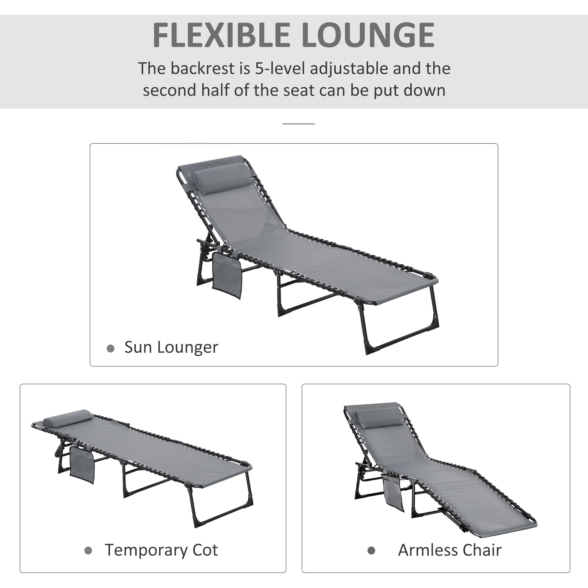 Portable Sun Lounger, Folding Camping Bed Cot, Reclining Lounge Chair 5-position Adjustable Backrest with Pillow for Patio Beach Pool, Grey