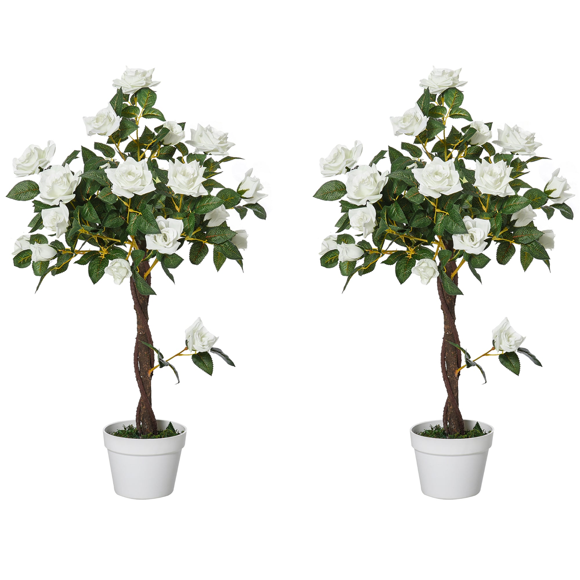 Set of 2 Artificial Plants White Rose Floral in Pot, Fake Plants for Home Indoor Outdoor Decor, 90cm