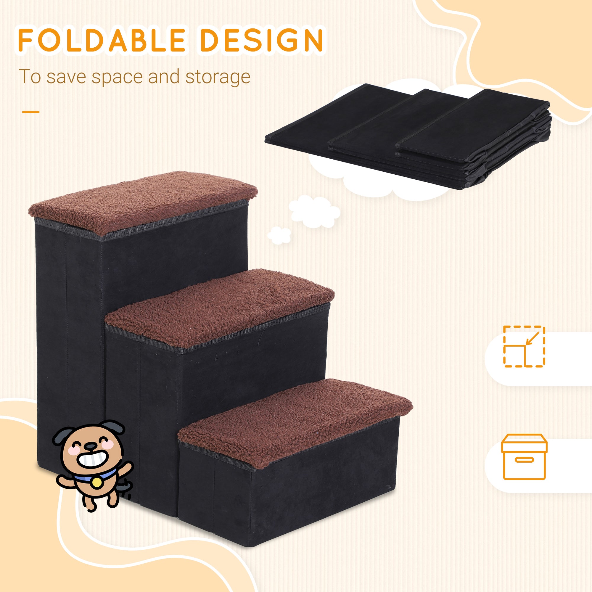 3 Step Pet Stairs Foldable Portable Mobility Assistance w/ Washable Fleece Cover 41x19cm Black