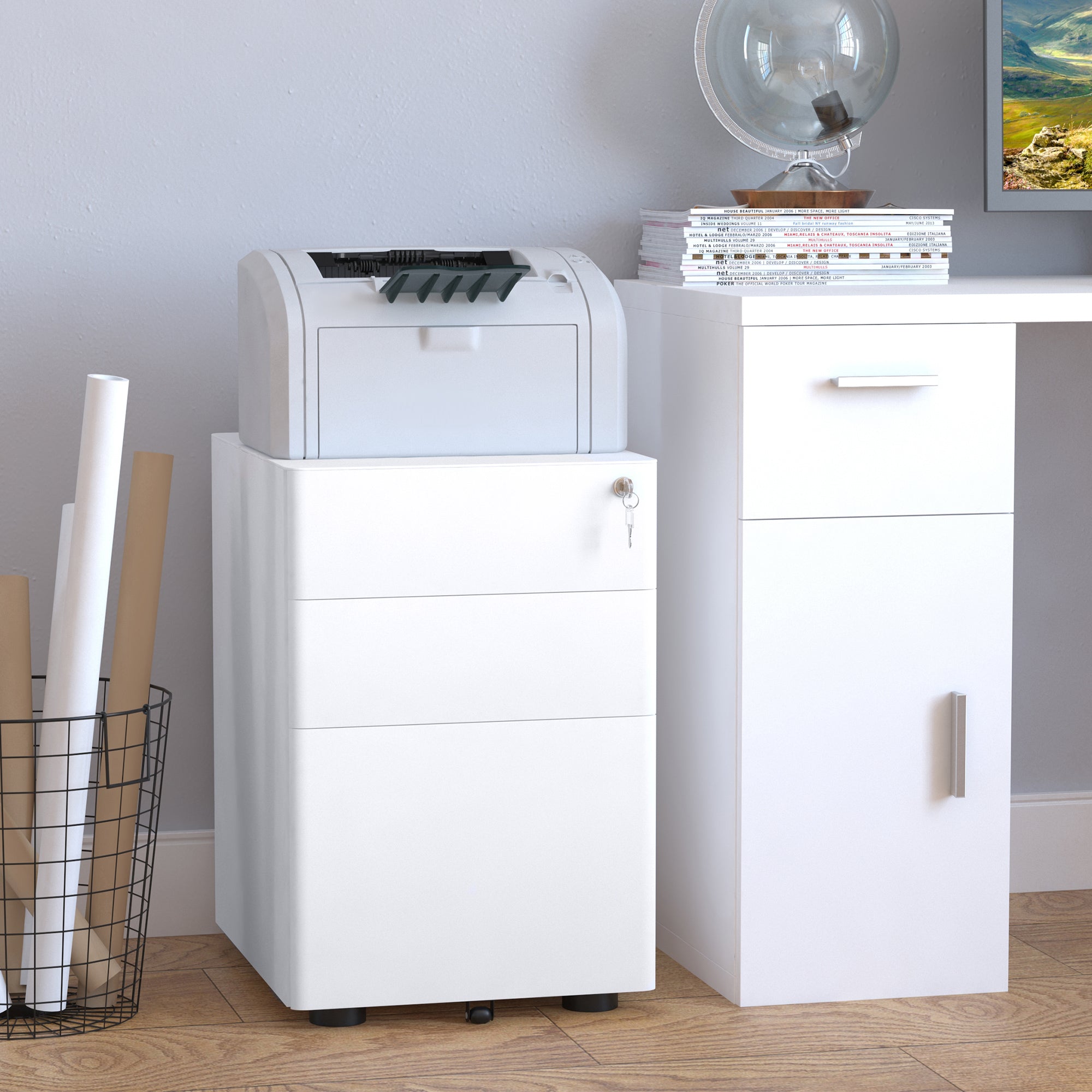 Fully Assembled 3 Drawer Steel Metal Filing Cabinet Lockable Rolling Vertical File Cabinet White