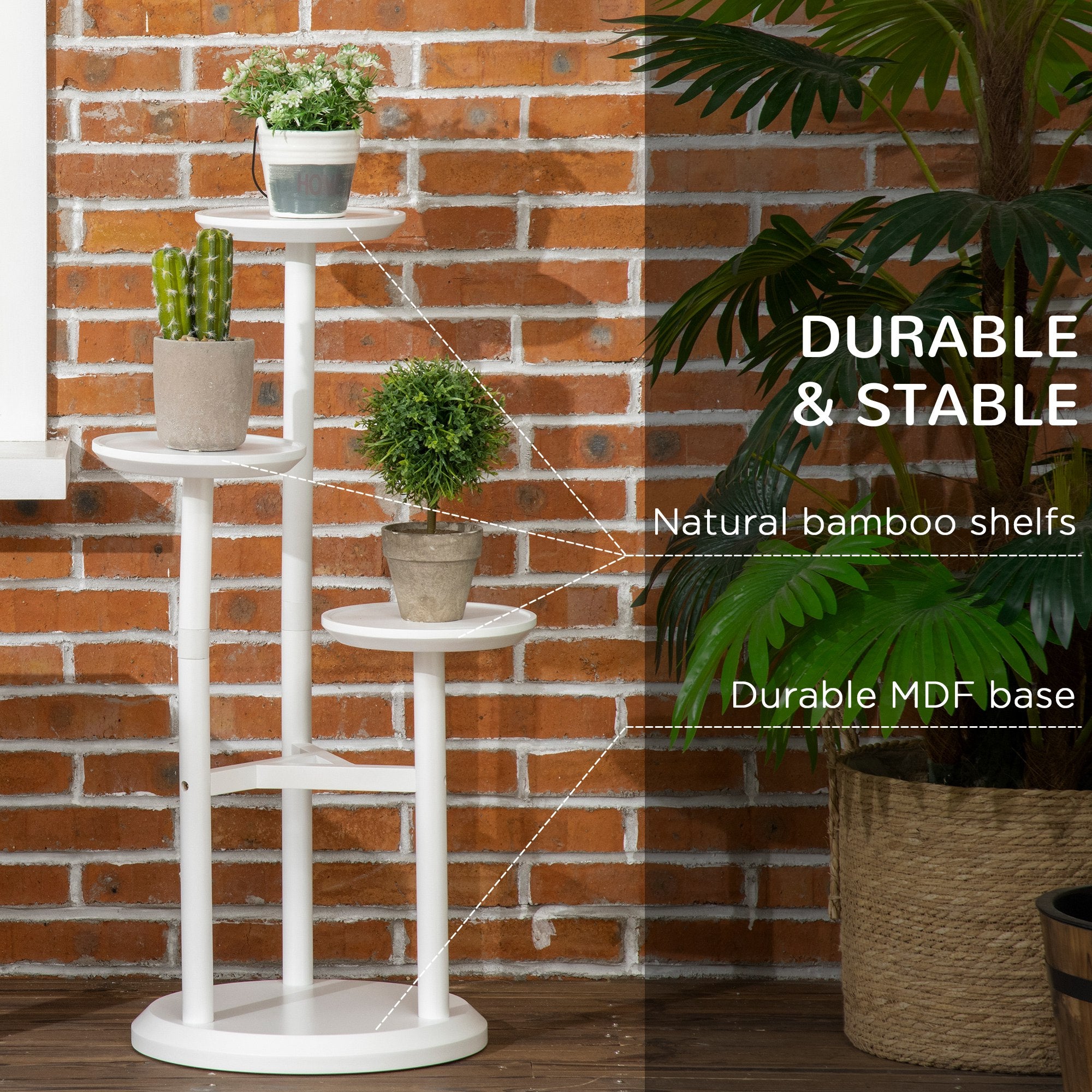 3-Tier Plant Stand, Plant Shelf Rack, Bamboo Display Stand, 46x46x86cm, White