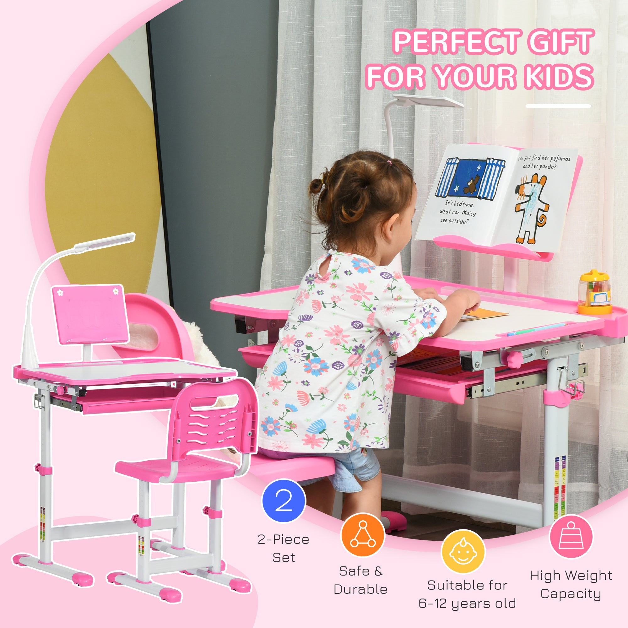 Kids Desk and Chair Set, Height Adjustable Study Desk with USB Lamp, Storage Drawer for Study, Pink and White